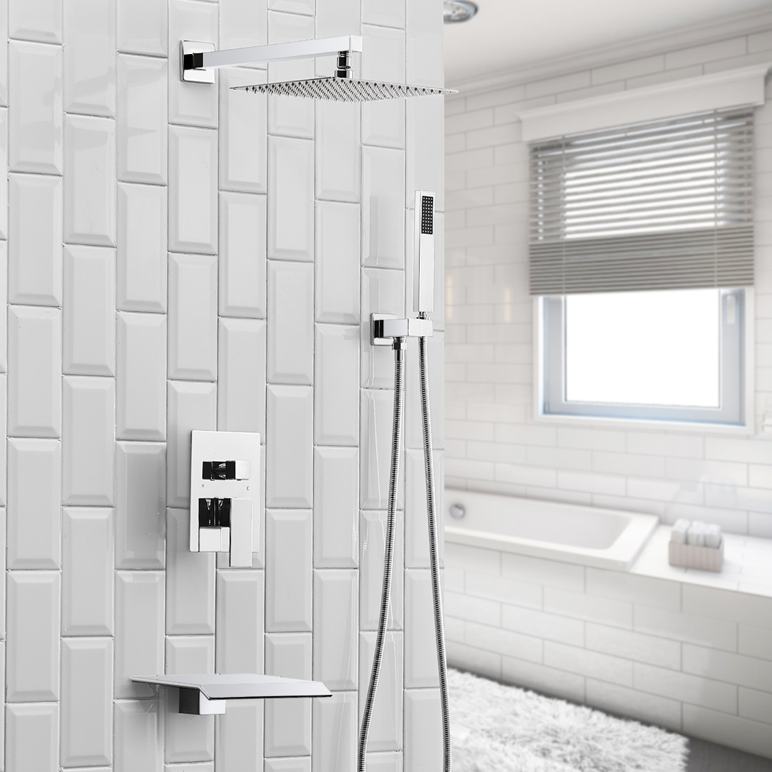 Grifería para regadera BWE A-95012 Cromo pulido de una sola manija, multi-función, de 12 pulgadas, cuadrada para bañera y regadera con válvula A-95012-C-S