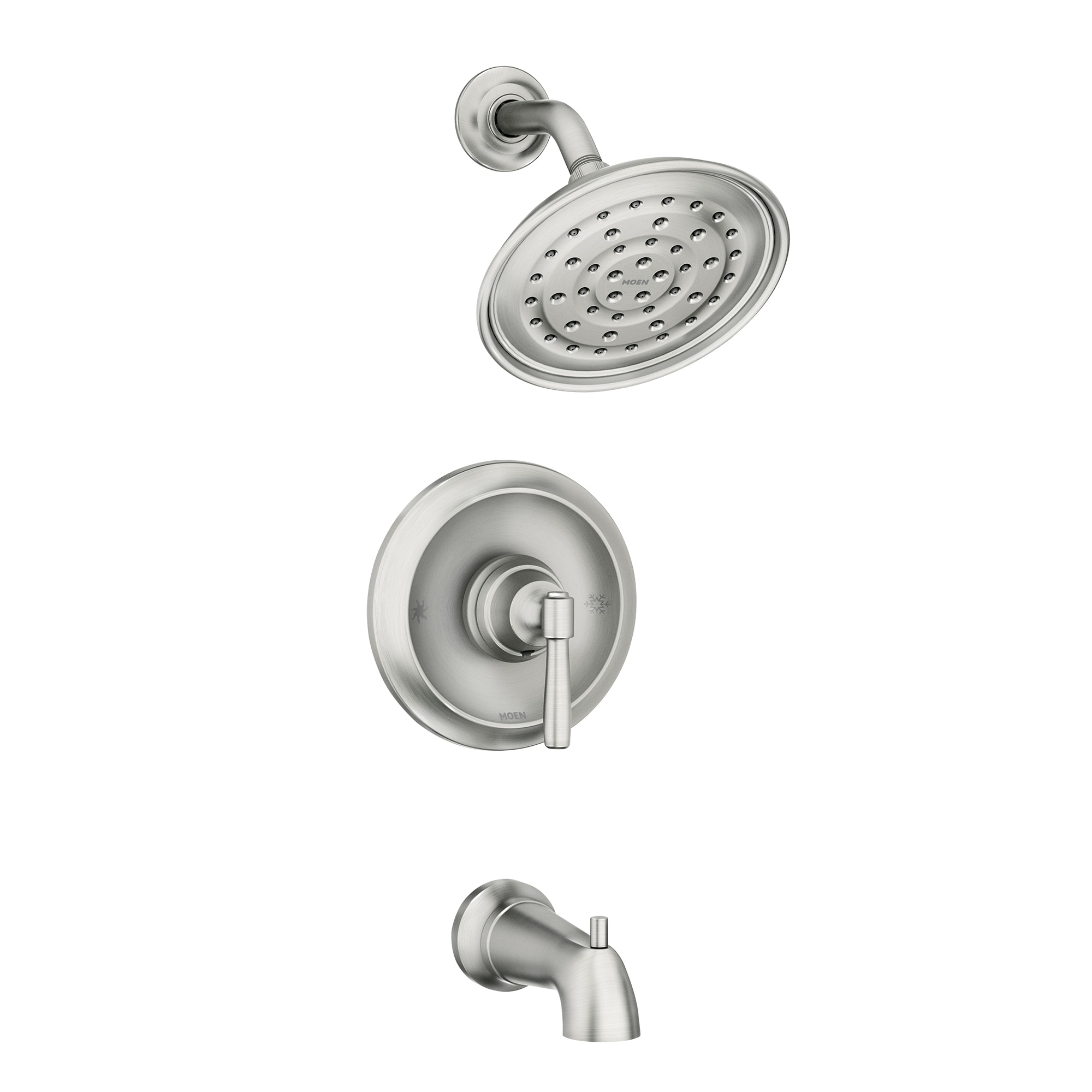 Grifo de bañera y ducha redondo de 7.28 pulgadas de níquel cepillado resistente a las manchas de Moen Halle con válvula de una sola manija y función única 82970SRN.