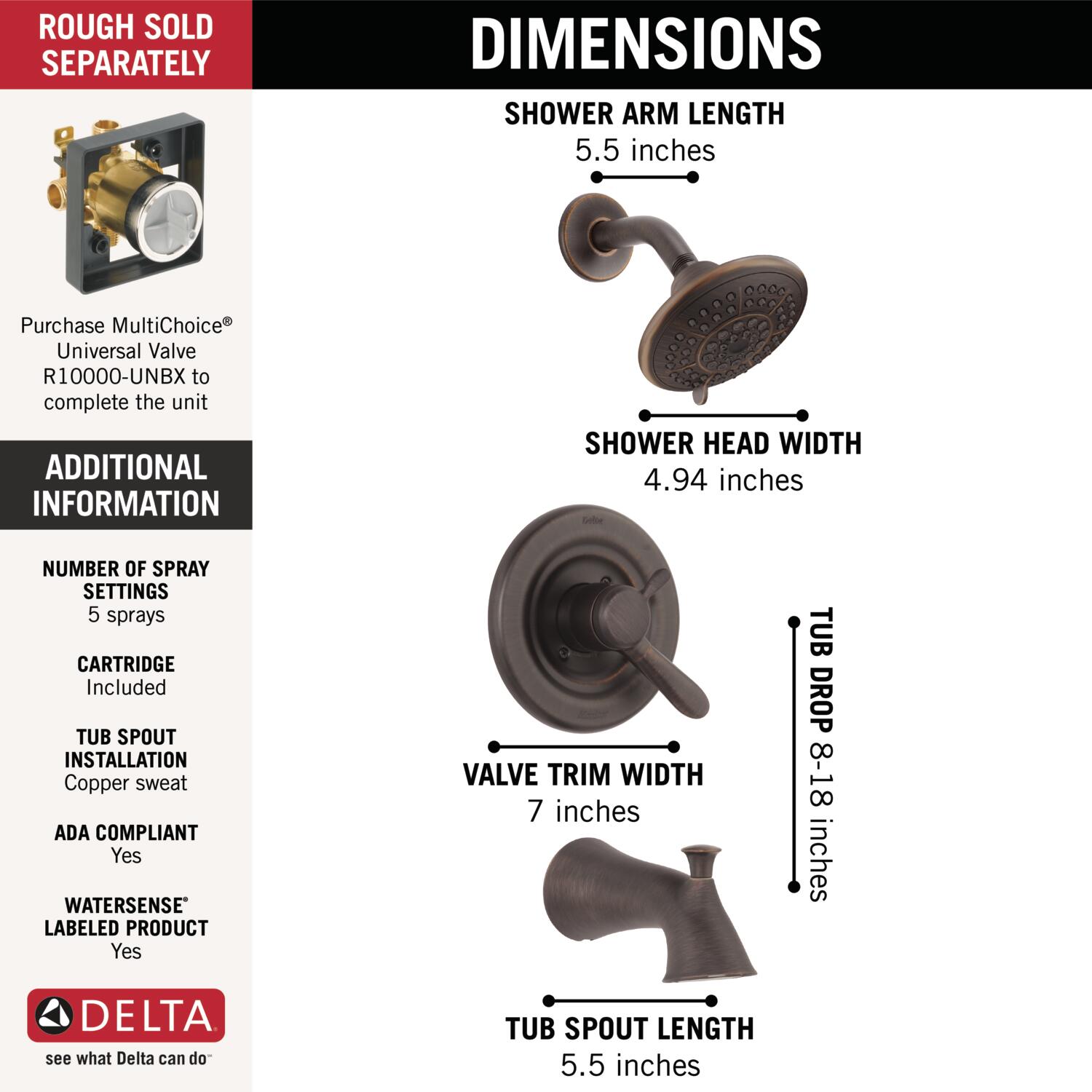 Llave mezcladora de bañera y regadera redonda de 2 manijas en bronce veneciano Delta Lahara con funciones múltiples de 5.1250 pulgadas y válvula T17438-RB.