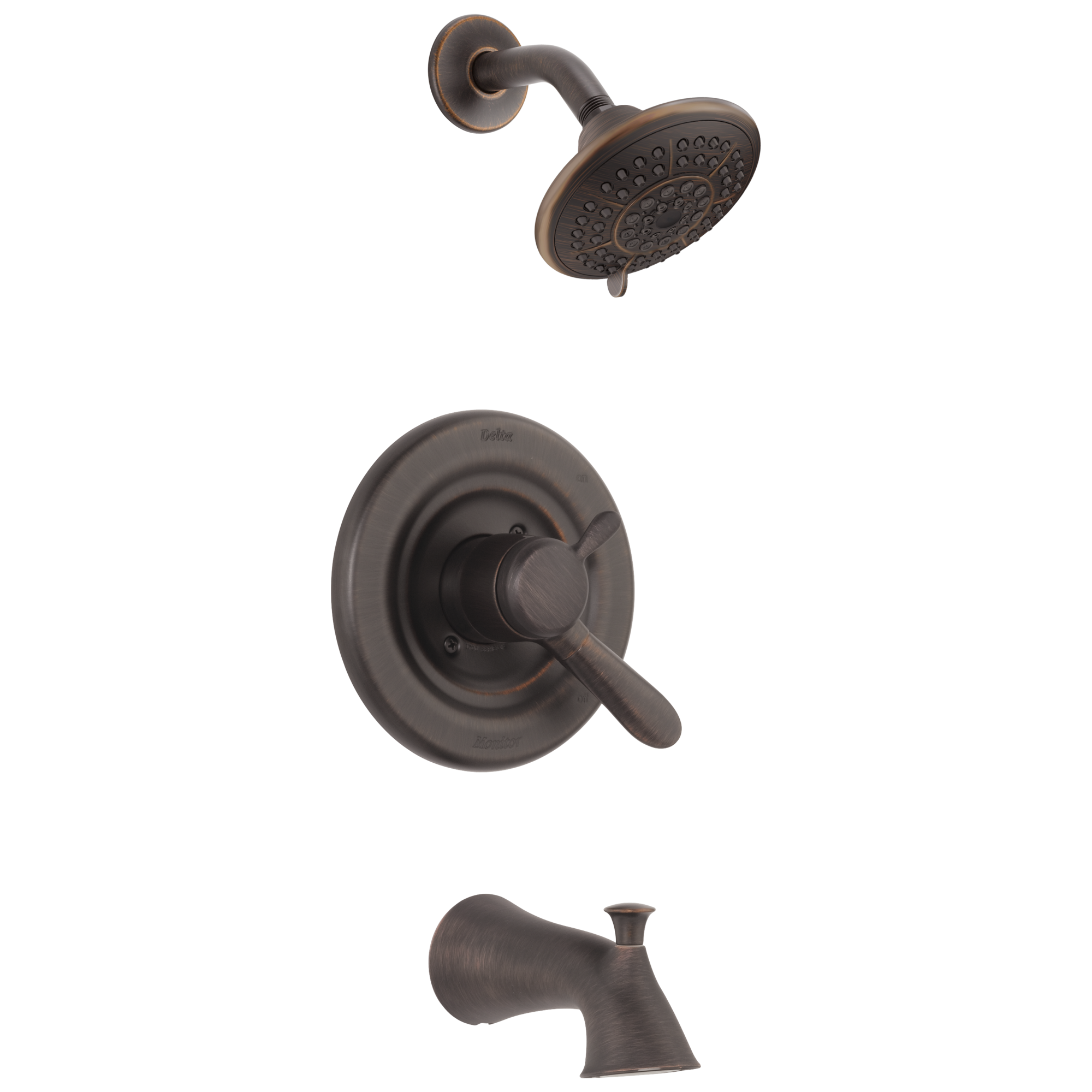 Llave mezcladora de bañera y regadera redonda de 2 manijas en bronce veneciano Delta Lahara con funciones múltiples de 5.1250 pulgadas y válvula T17438-RB.
