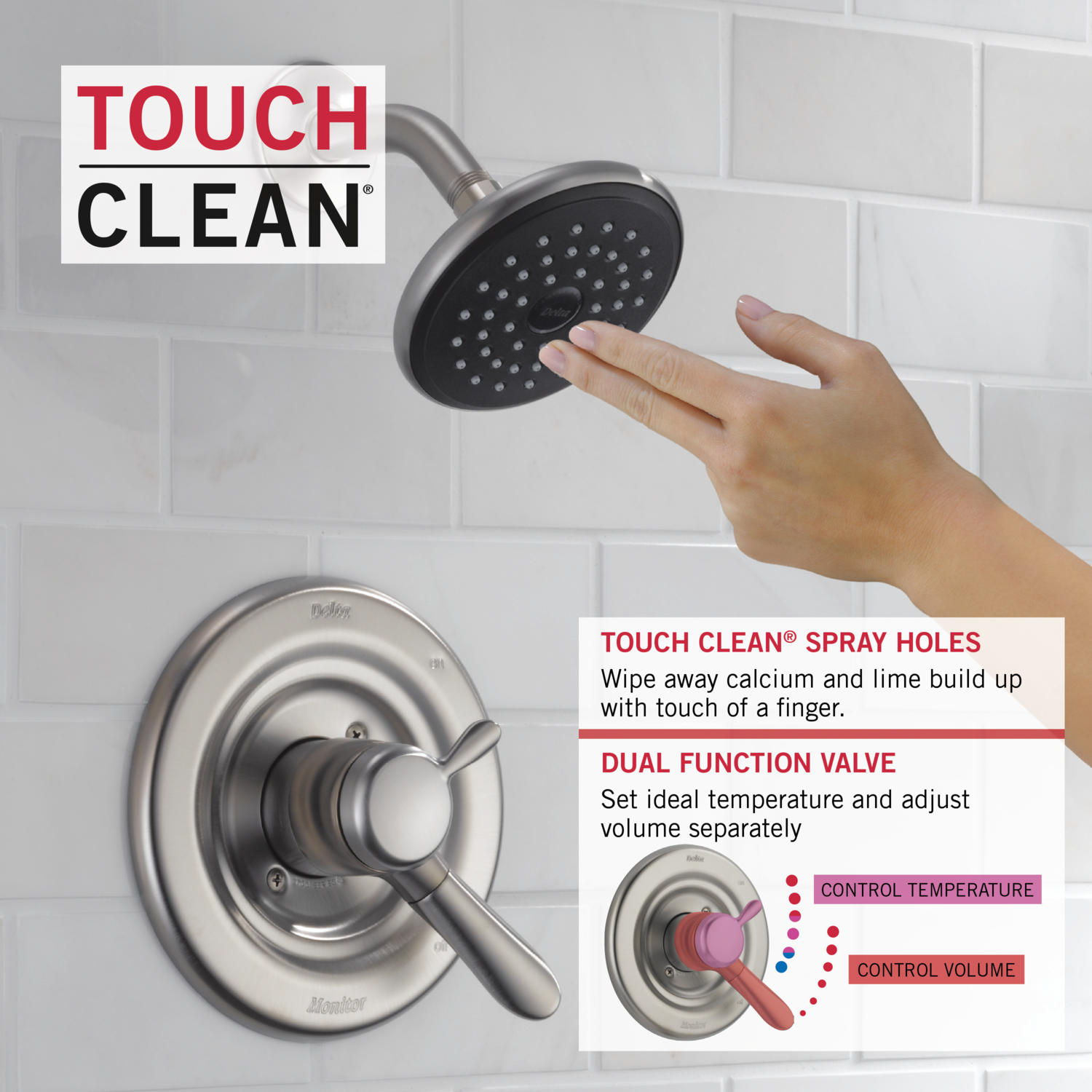 Grifo de bañera redonda y ducha de acero inoxidable de 2 manijas y multi-función Delta Lahara con válvula T17438-SS