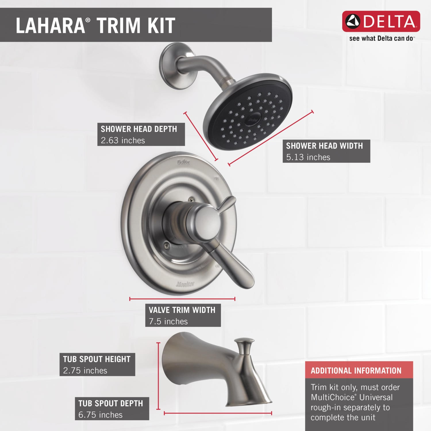 Grifo de bañera redonda y ducha de acero inoxidable de 2 manijas y multi-función Delta Lahara con válvula T17438-SS