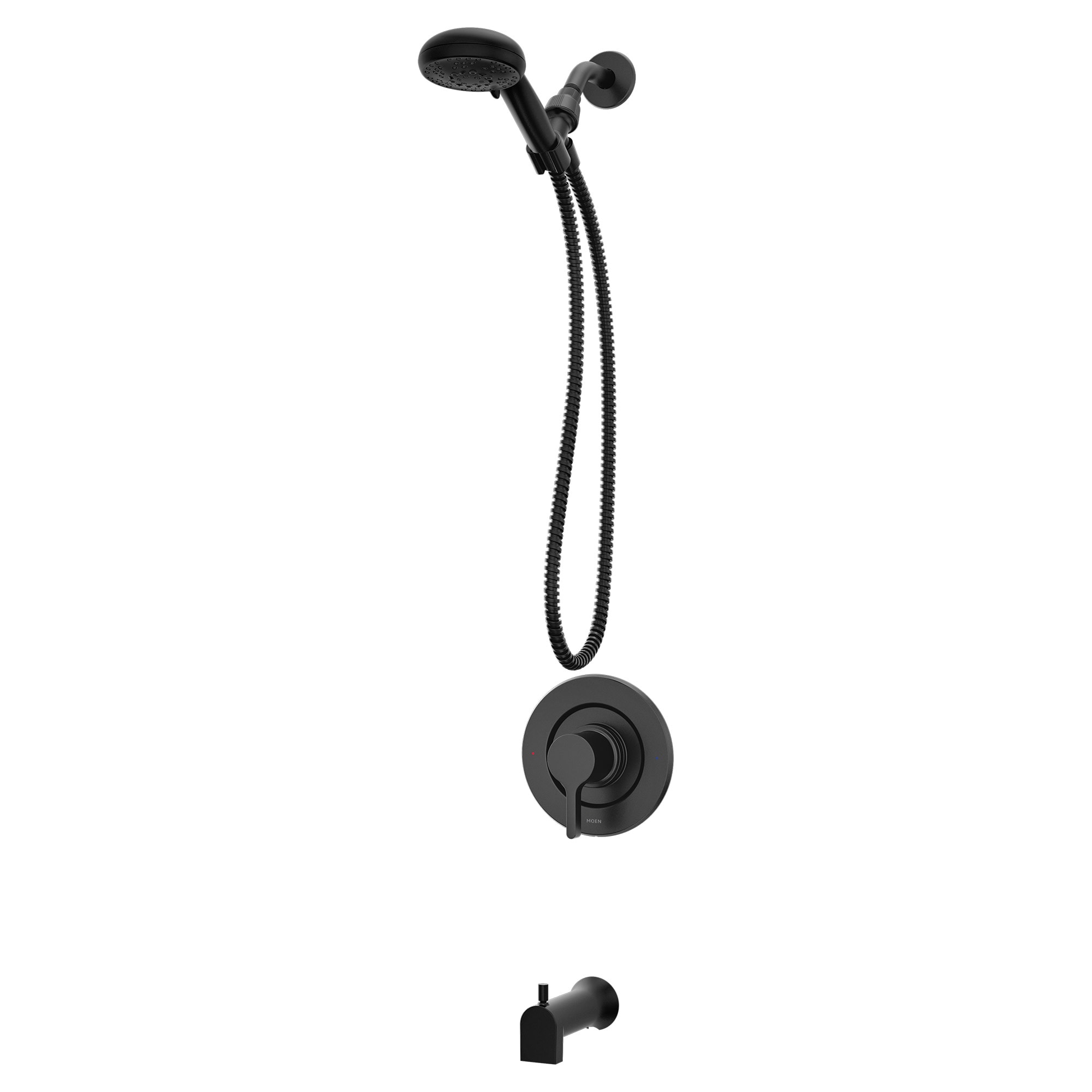 Mezcladora de bañera y regadera de una sola manija Moen Beric en negro mate con alcachofa de 4.8 pulgadas y válvula