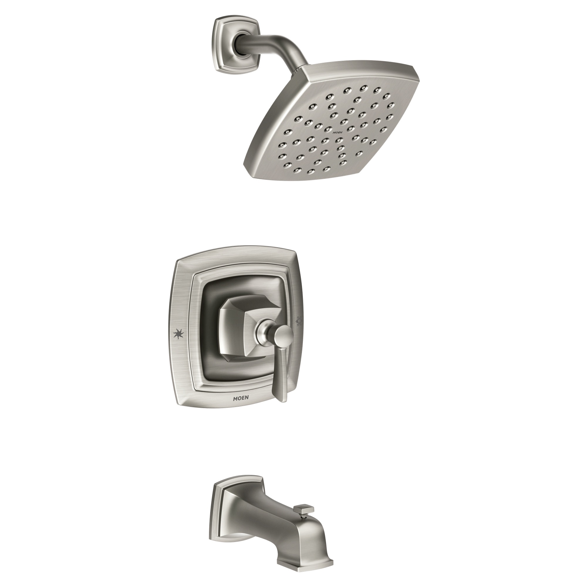 Grifo Monomando de Bañera y Ducha con Acabado Resistente a las Manchas en Níquel Cepillado Moen Conway de 1 Manija y Función Individual de 6 Pulgadas Square con Válvula 82922SRN