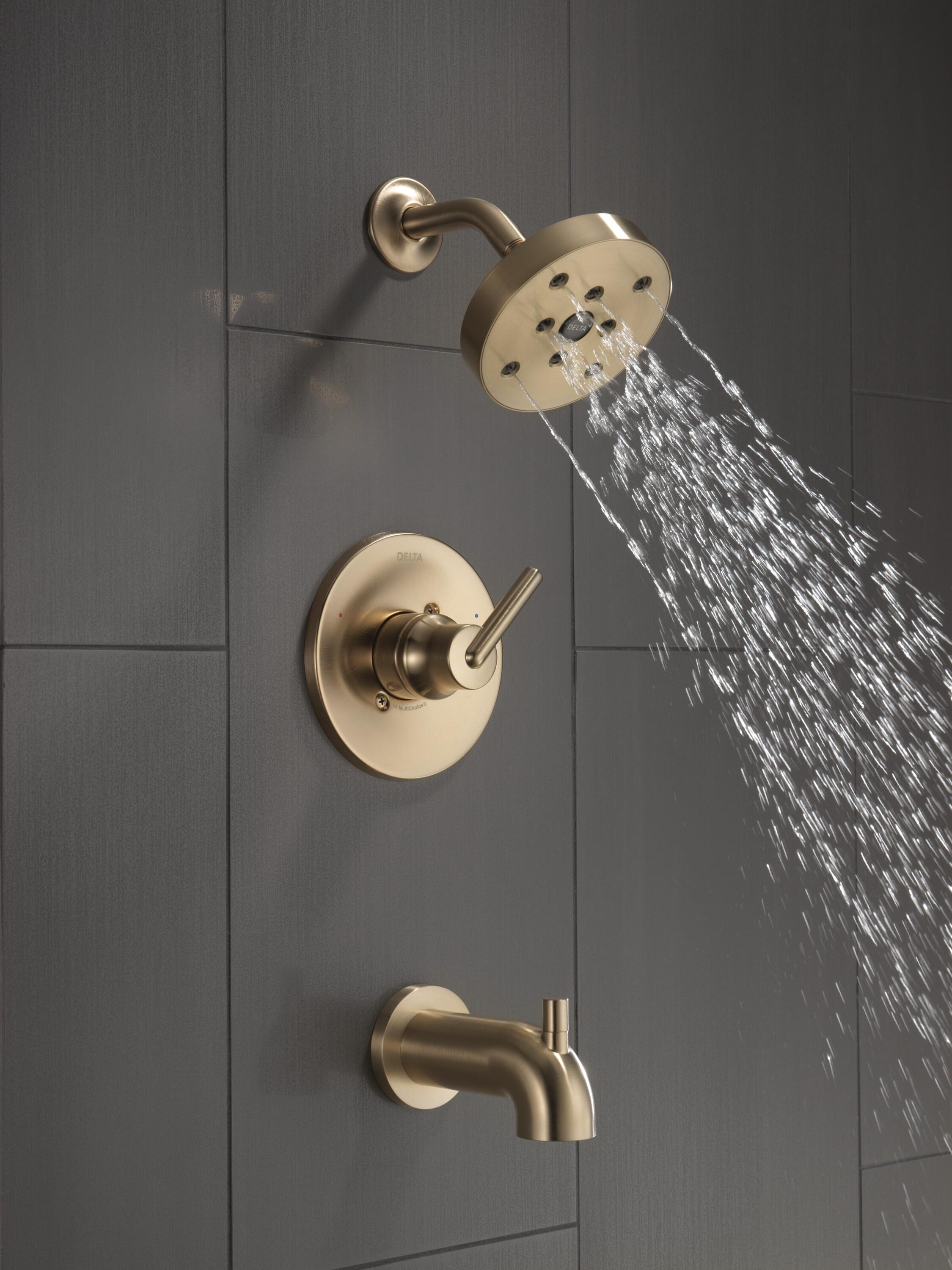 Grifo para bañera y ducha redondo de 5.4 pulgadas de un solo mango en bronce champán de la colección Trinsic de Delta con válvula T14459-CZ.
