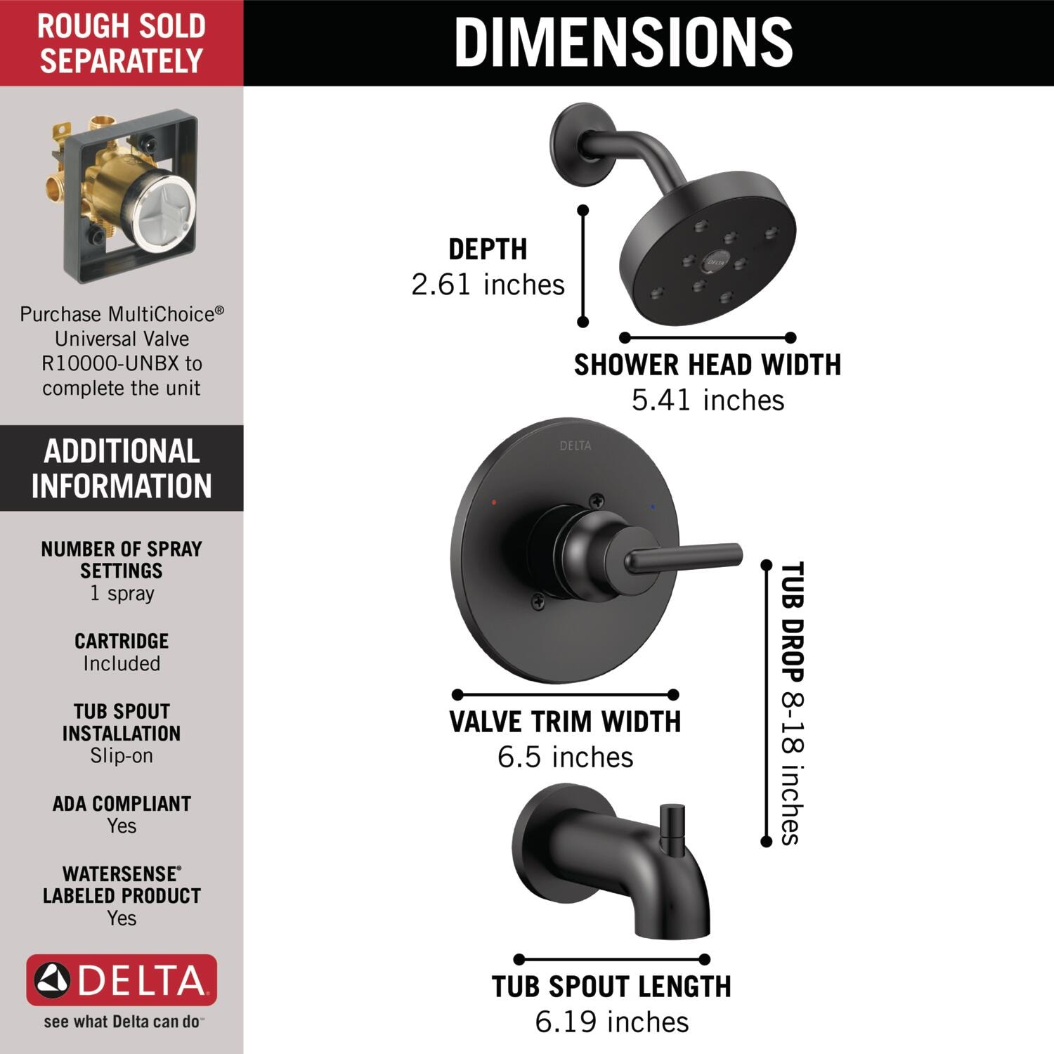 Grifería para bañera y regadera redonda de una sola función en color negro mate Trinsic Delta T14459-BL