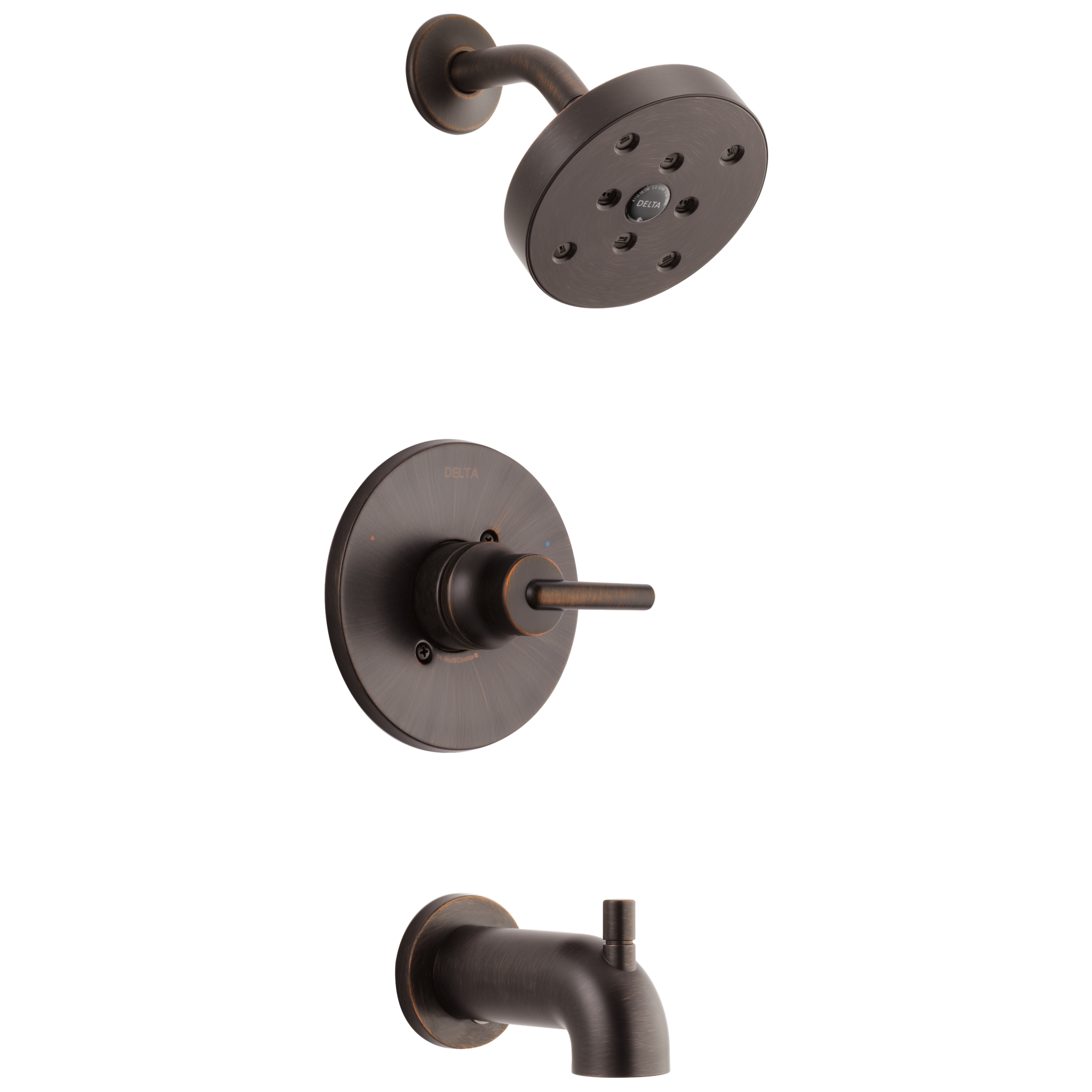 Grifo de bañera y ducha redonda de 5.4 pulgadas con válvula, en color bronce veneciano y de un solo mango, estilo Trinsic de Delta