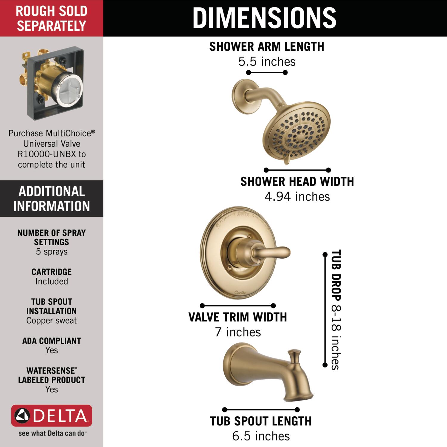Grifo para bañera y ducha redonda de una sola manija, multifunción, en bronce champagne Delta Linden T14494-CZ de 5.125 pulgadas.