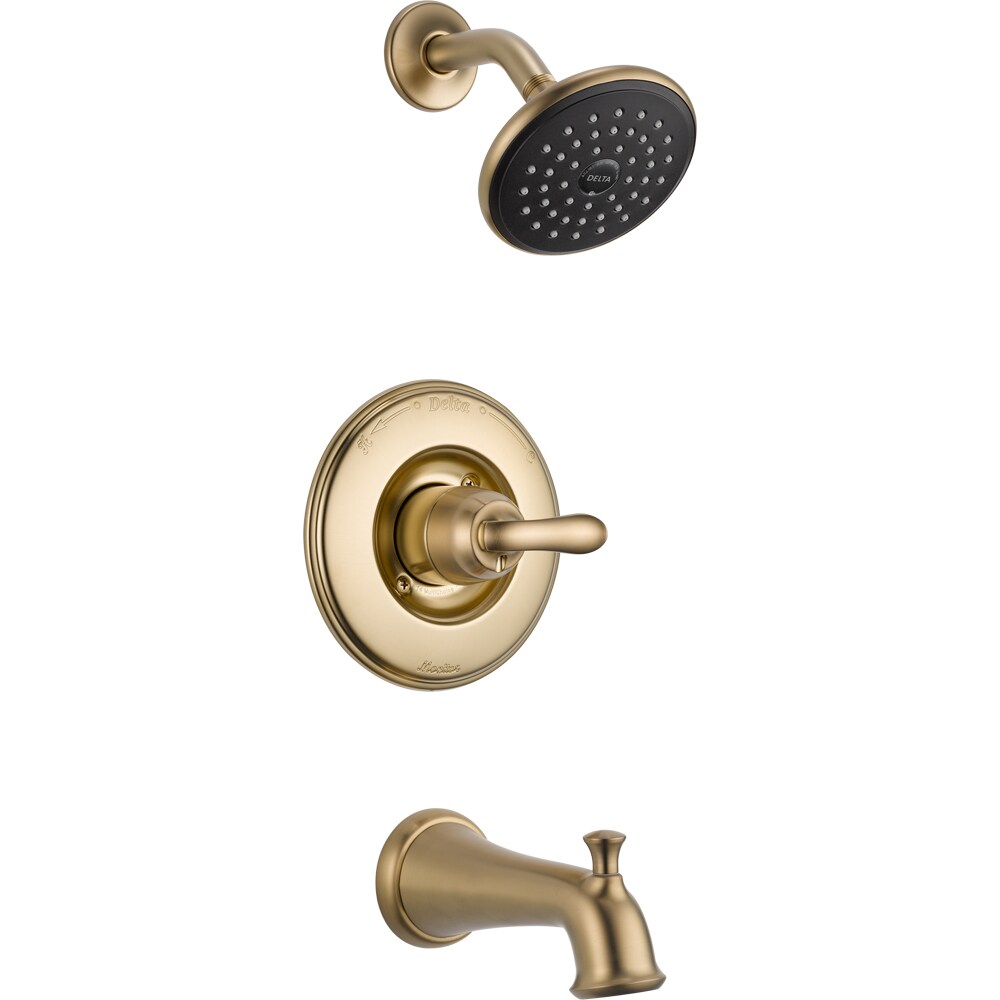 Grifo para bañera y ducha redonda de una sola manija, multifunción, en bronce champagne Delta Linden T14494-CZ de 5.125 pulgadas.
