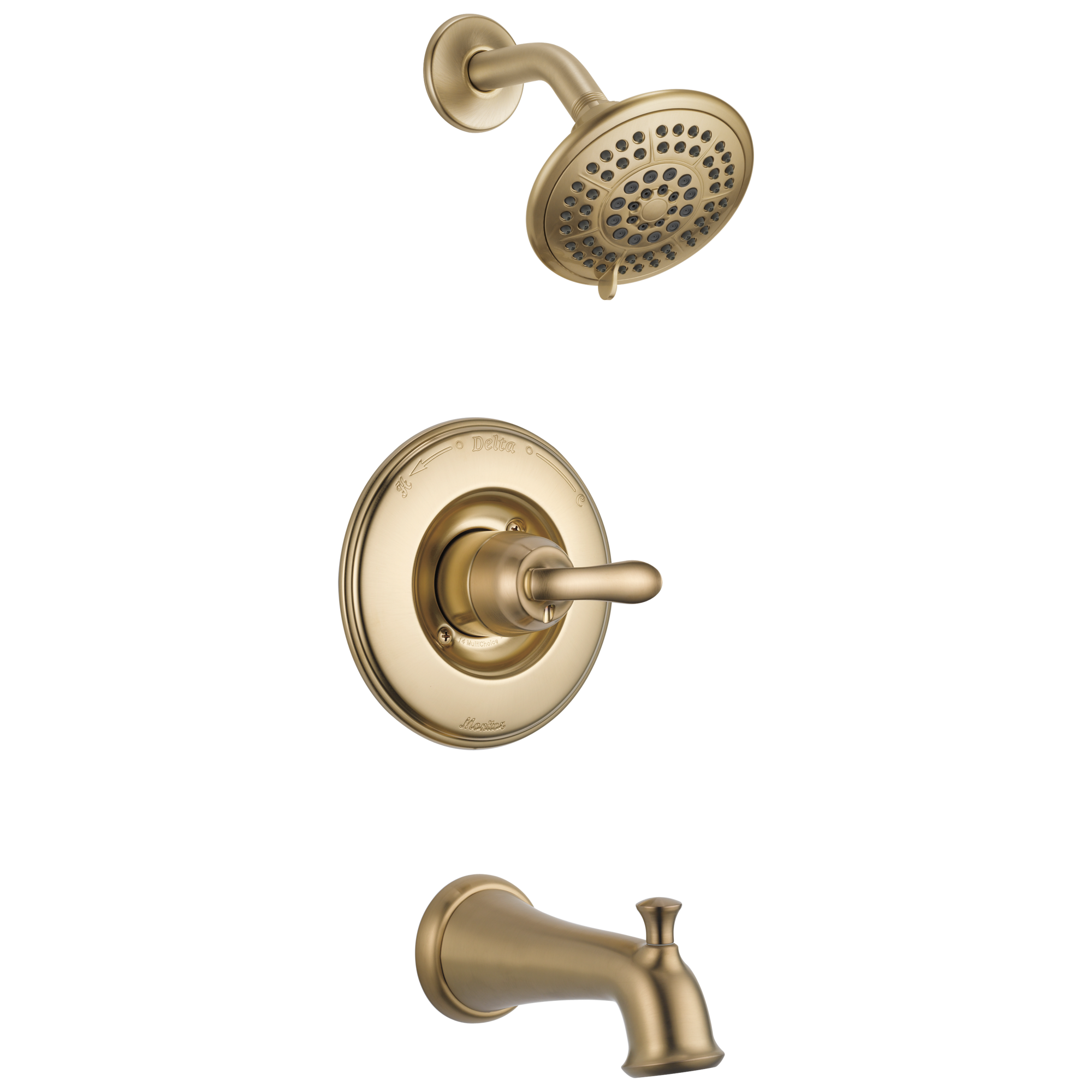 Grifo para bañera y ducha redonda de una sola manija, multifunción, en bronce champagne Delta Linden T14494-CZ de 5.125 pulgadas.