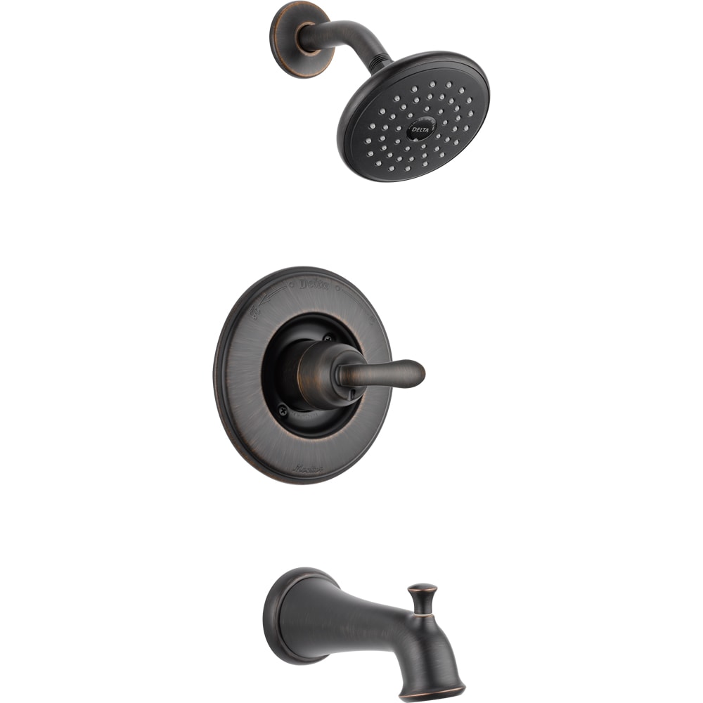 Grifo de bañera redondo de 5.125 pulgadas y ducha de función múltiple de 1 manija en bronce veneciano Delta Linden T14494-RB