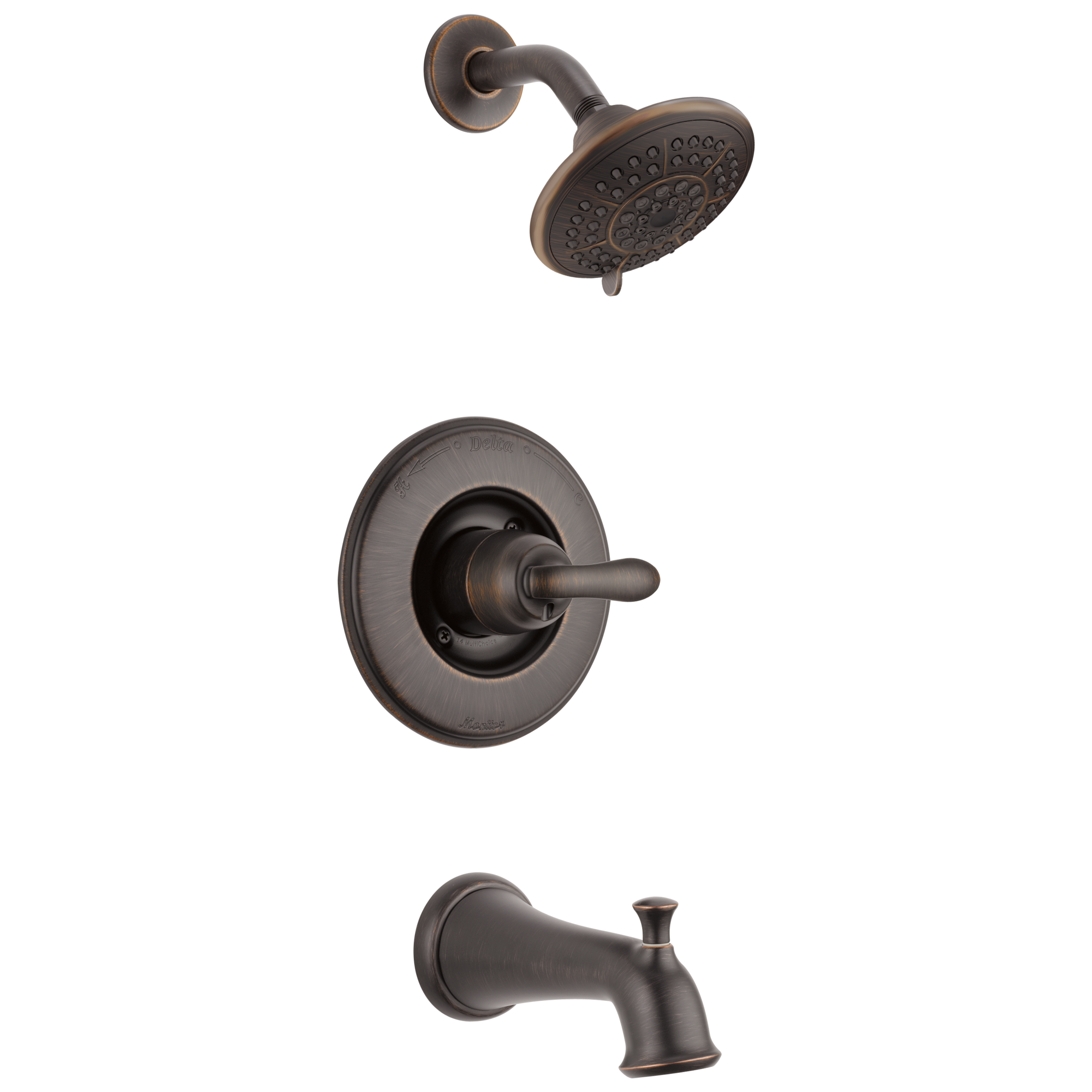 Grifo de bañera redondo de 5.125 pulgadas y ducha de función múltiple de 1 manija en bronce veneciano Delta Linden T14494-RB
