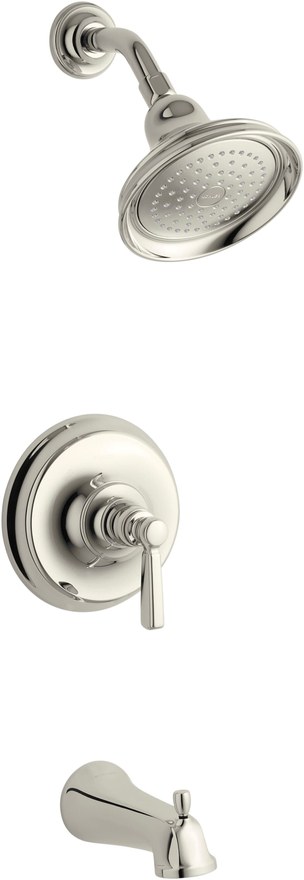 Grifo de bañera y regadera redonda de 5.96 pulgadas, de un mango y función única, en níquel pulido vibrante Bancroft KOHLER TS10582-4-SN