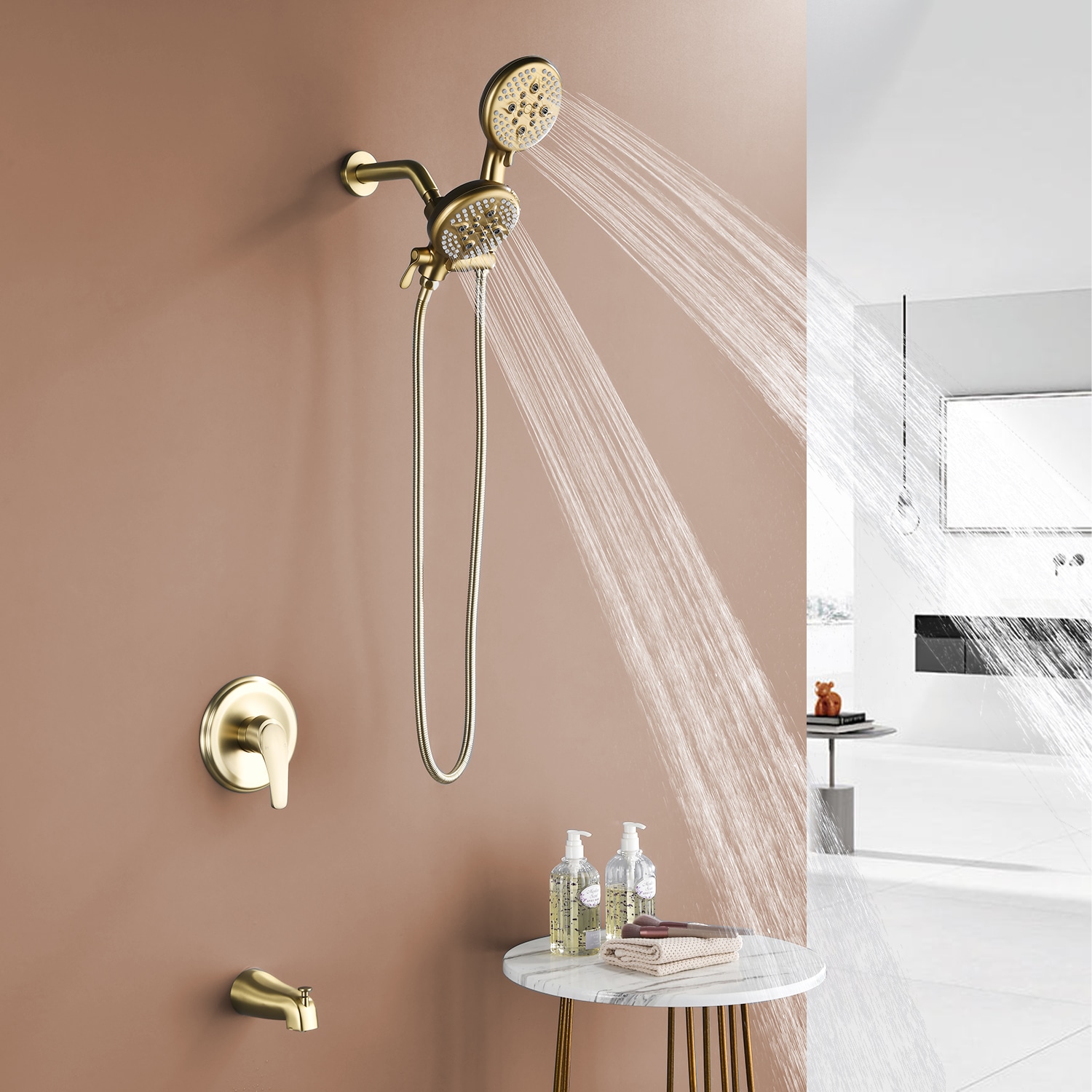 Grifo de bañera y ducha redondo de 4.72 pulgadas con acabado en oro cepillado de un solo manija multifunción y válvula - SPA-88013BN-9
