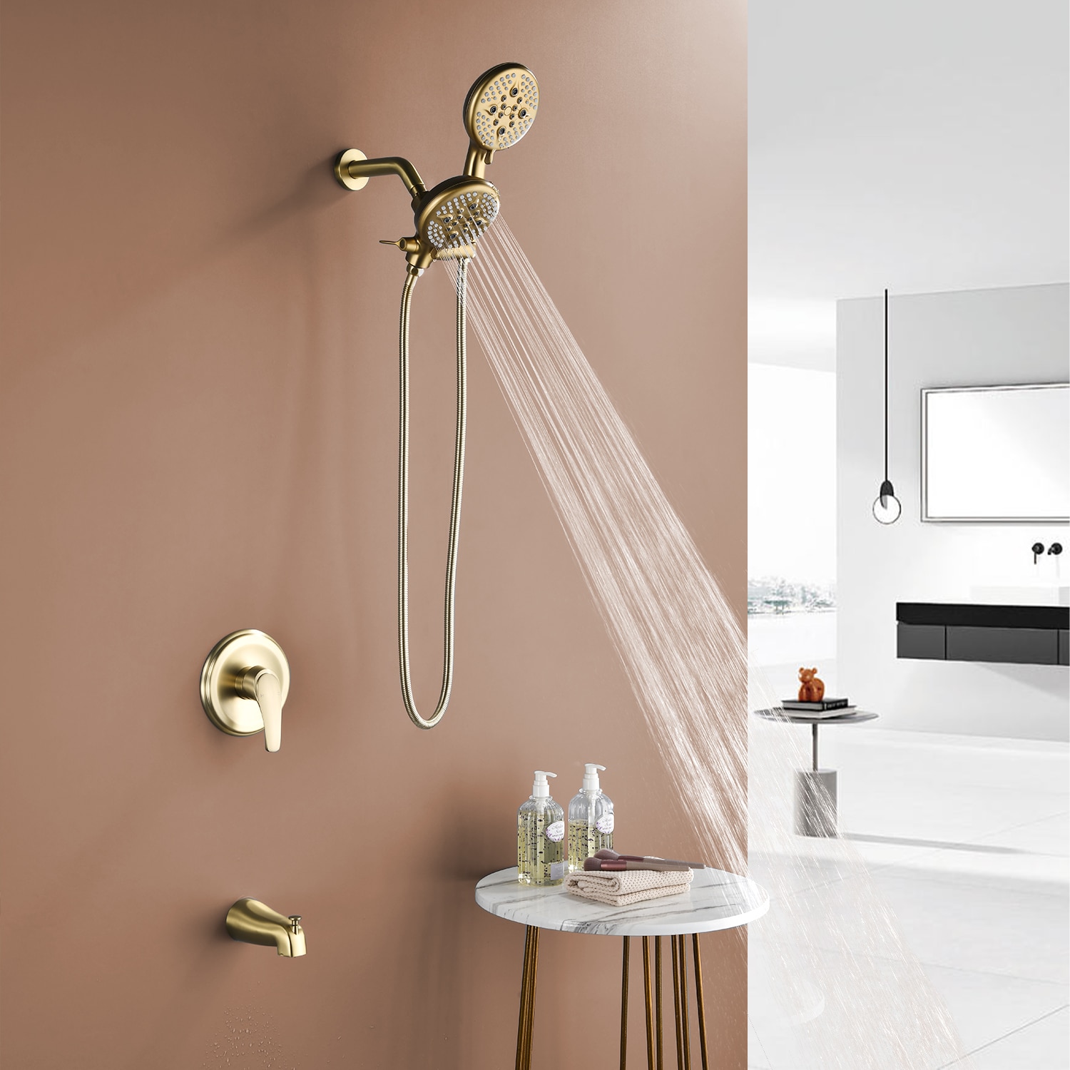 Grifo de bañera y ducha redondo de 4.72 pulgadas con acabado en oro cepillado de un solo manija multifunción y válvula - SPA-88013BN-9