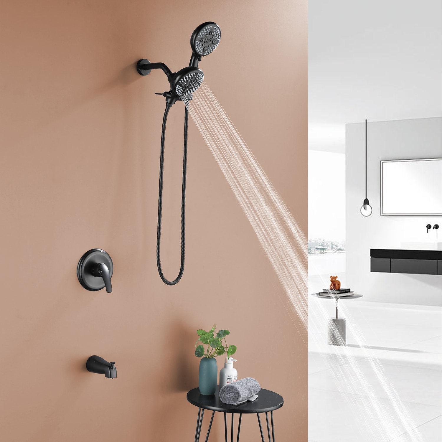 Grifo de Bañera y Ducha Redondo de 4.72 Pulgadas con Acabado en Negro Mate y Funciones Múltiples de 1 Mango WELLFOR con Válvula SPA-88013B-9