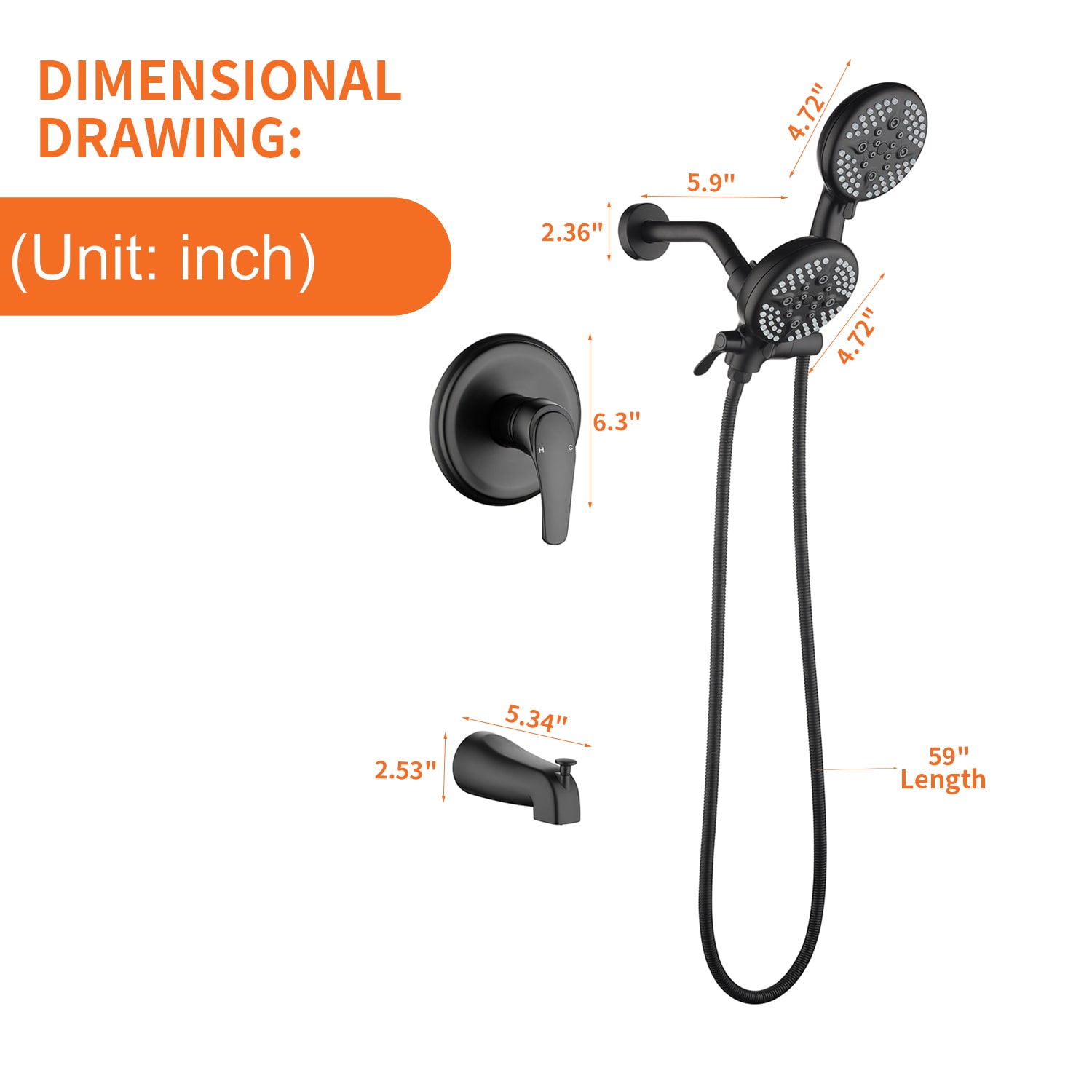 Grifo de Bañera y Ducha Redondo de 4.72 Pulgadas con Acabado en Negro Mate y Funciones Múltiples de 1 Mango WELLFOR con Válvula SPA-88013B-9
