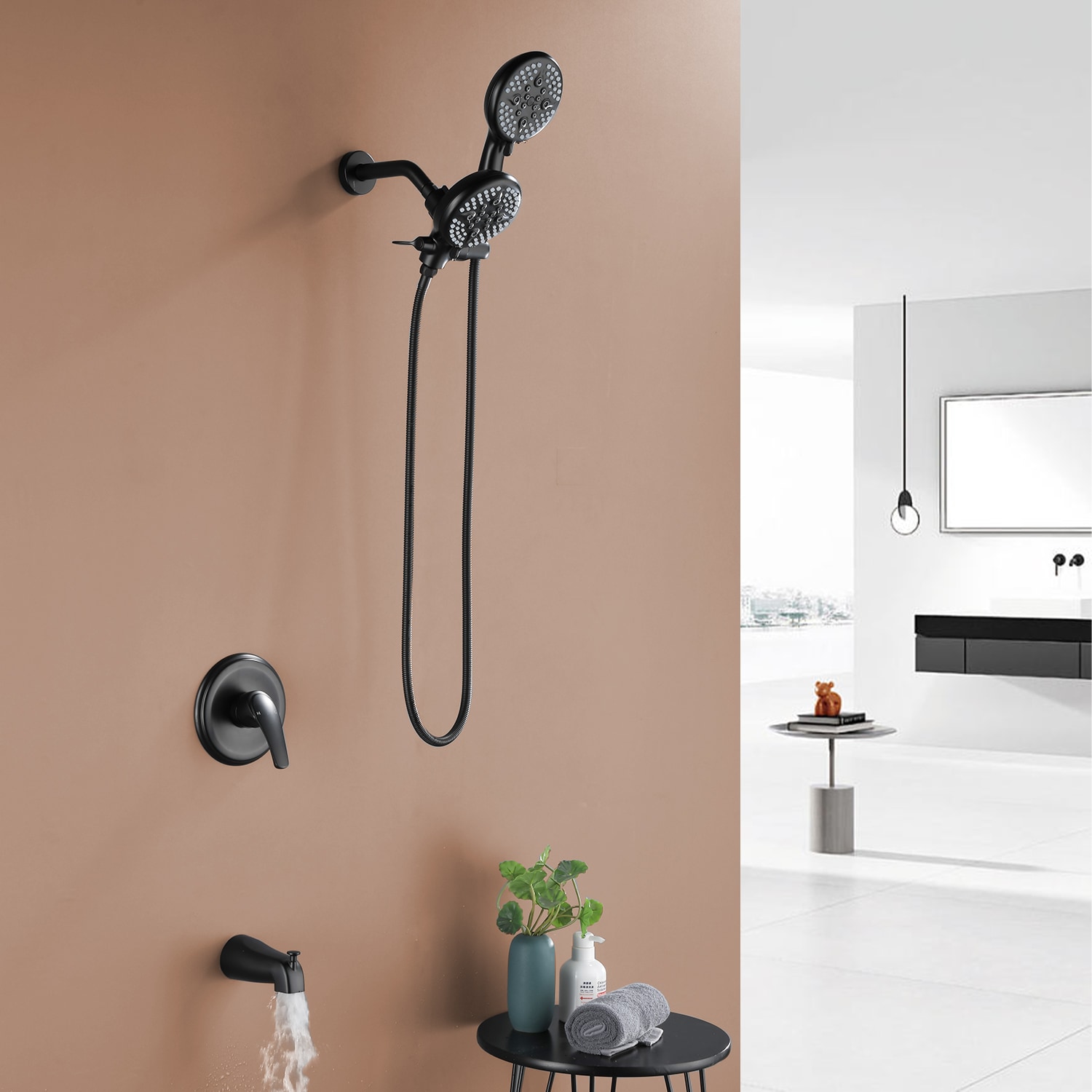 Grifo de Bañera y Ducha Redondo de 4.72 Pulgadas con Acabado en Negro Mate y Funciones Múltiples de 1 Mango WELLFOR con Válvula SPA-88013B-9