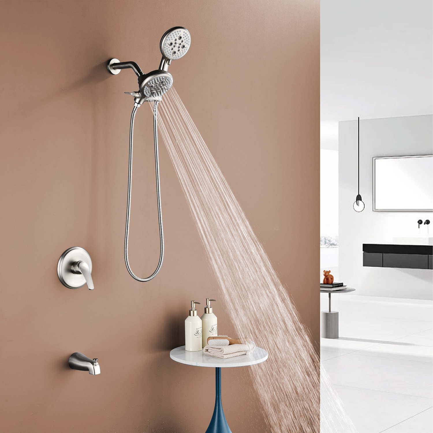 Grifo de bañera y regadera redondo de 4.72 pulgadas de níquel cepillado de una manija multifuncional con válvula SPA-88010BG