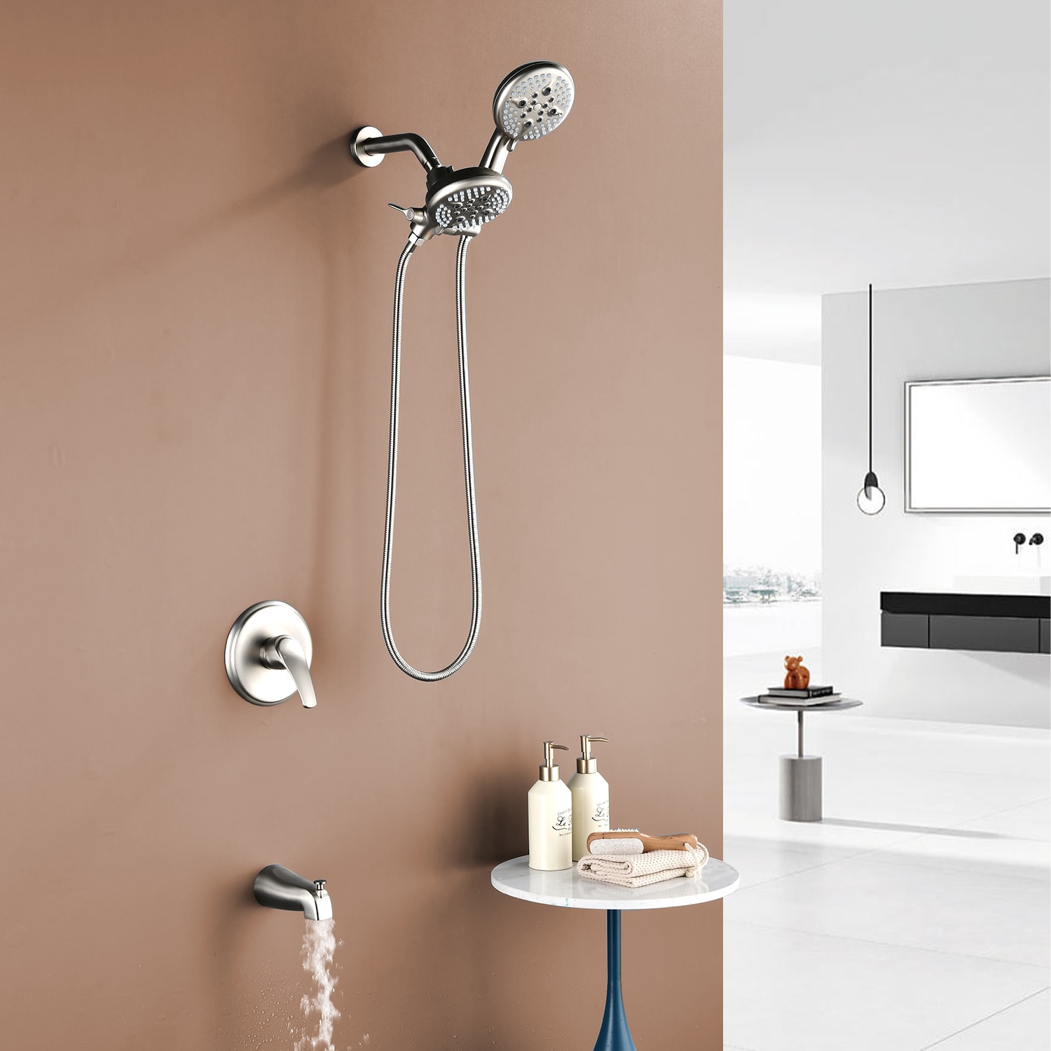 Grifo de bañera y regadera redondo de 4.72 pulgadas de níquel cepillado de una manija multifuncional con válvula SPA-88010BG