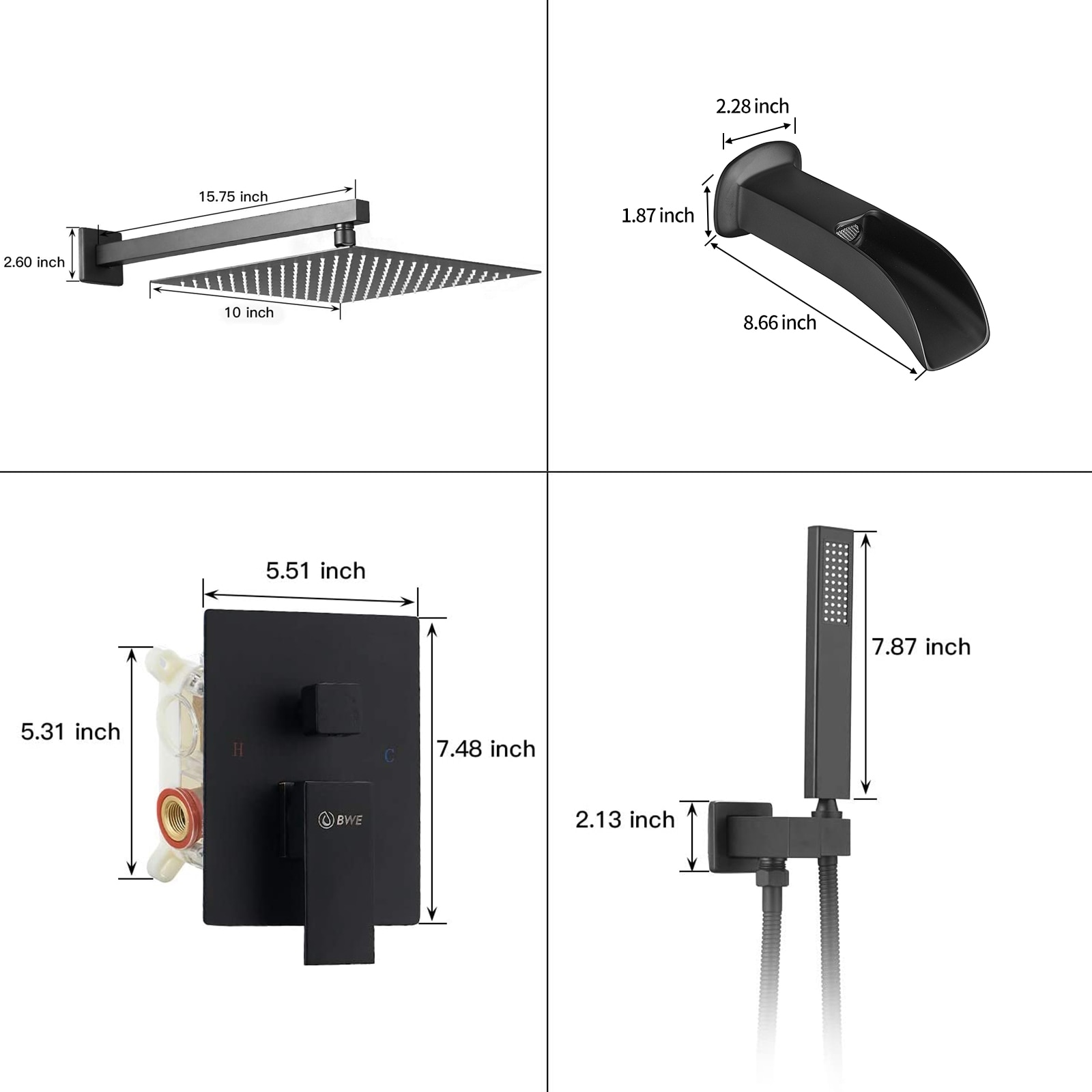 Mezcladora para regadera negro mate de una sola manija multifunción de 10 pulgadas para bañera y regadera con válvula A-95018-NEGRO.