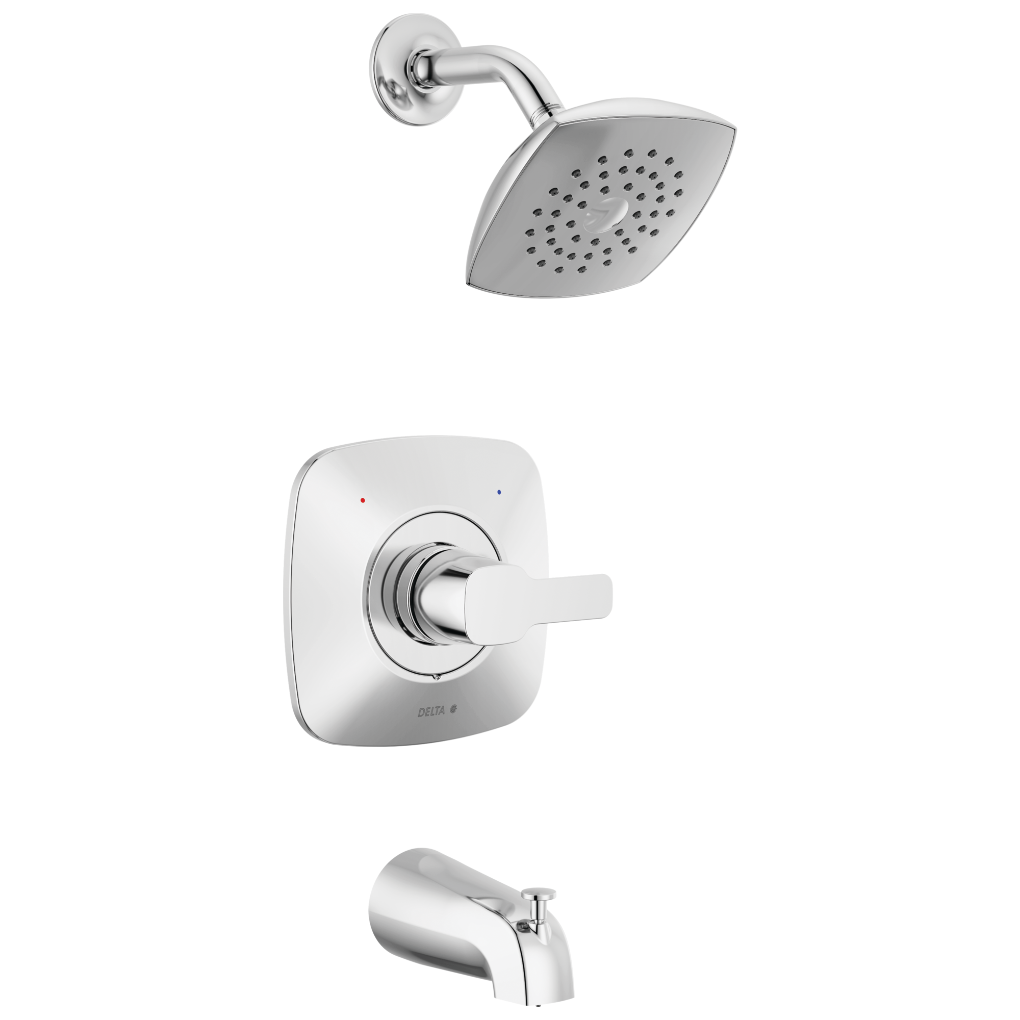 Grifo de bañera y ducha en cromo moderno Delta con 1 mango y función única de 5.375 pulgadas, cuadrado - T144339-PP