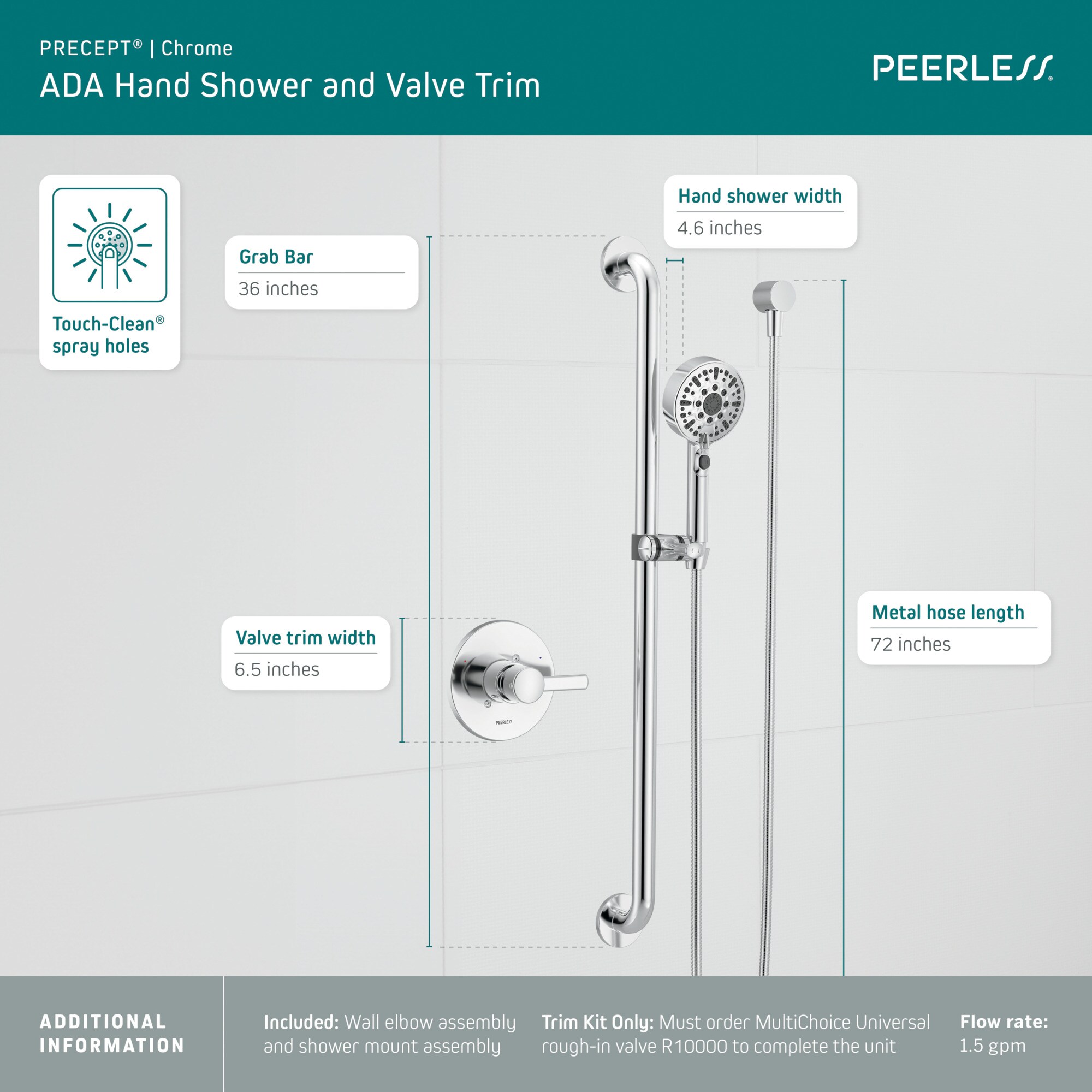 Grifo de bañera y ducha redondo de 4.56 pulgadas con una sola manija cromada de la marca Peerless Precept (válvula no incluida)