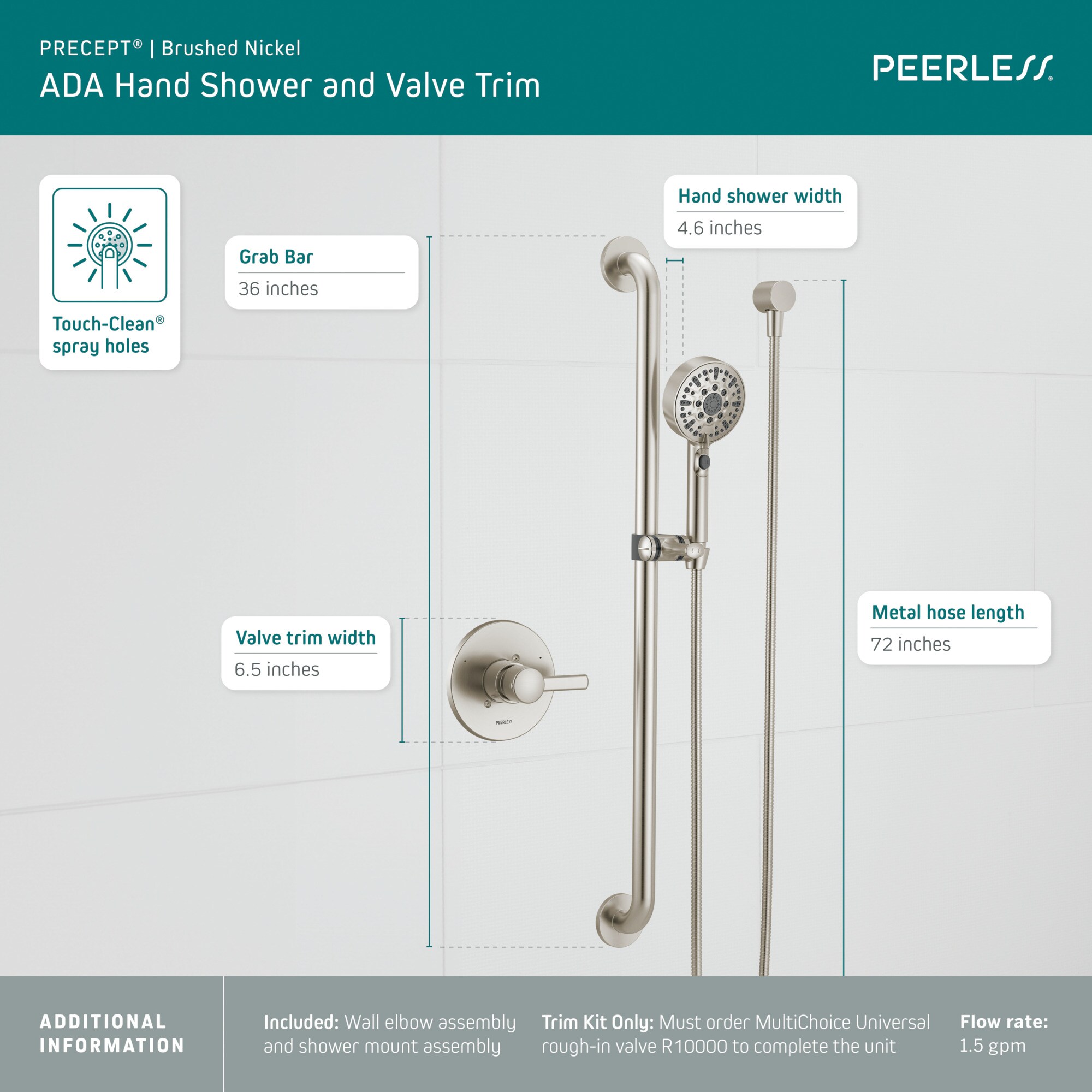Grifería para bañera y ducha redonda de 4.56 pulgadas con un mango en acabado niquelado cepillado de la colección Peerless Precept (Válvula no incluida) PTT24347-BN