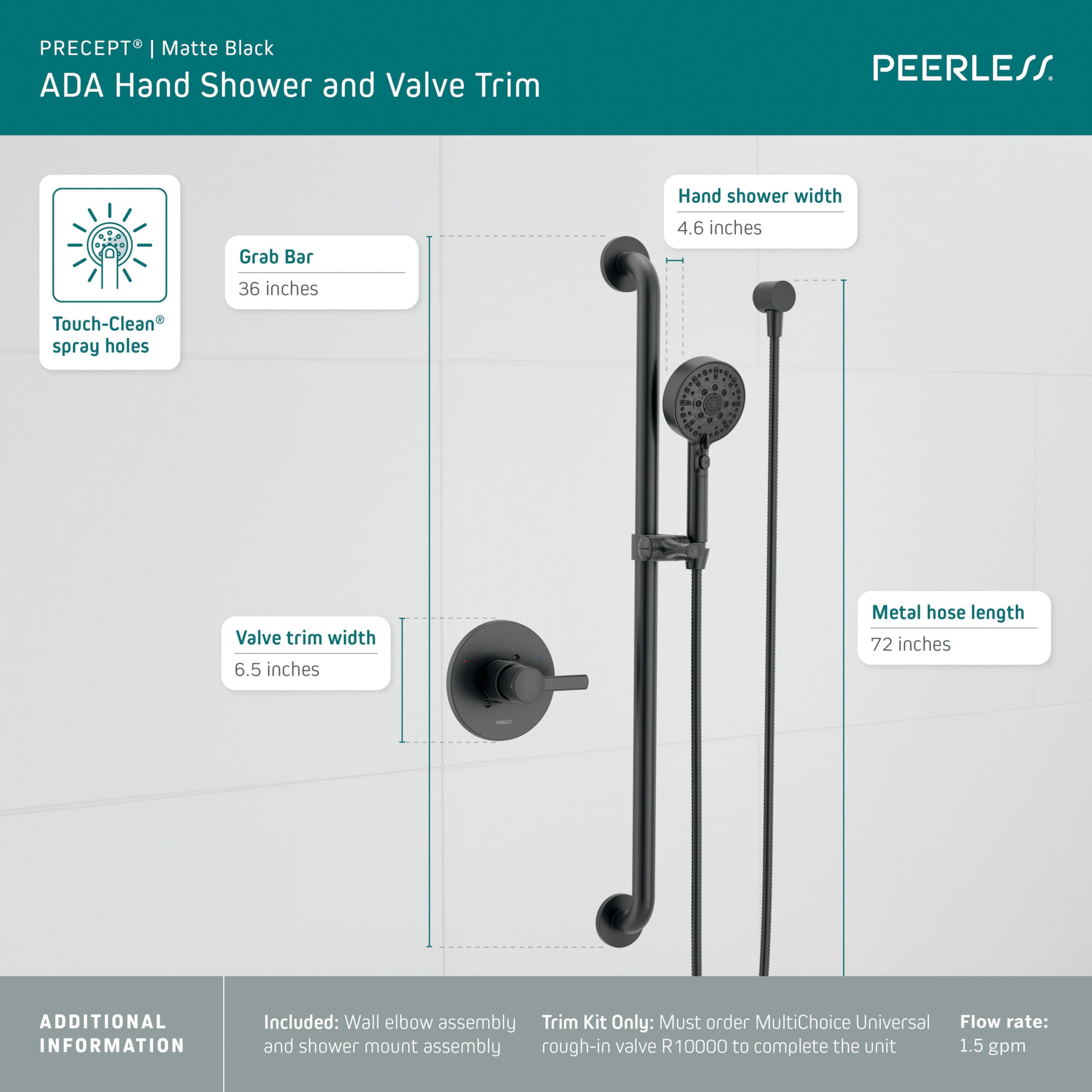 Mezcladora de Bañera y Ducha de Mano de una Manija en Negro Mate, Estilo Único con Acabado Atemporal de 4.56 Pulgadas de Diámetro (Válvula no Incluida) PTT24347-BL