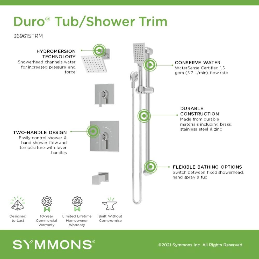 Mezcladora para bañera y regadera de 2 manijas y cabezal múltiple de 4.92 pulgadas cuadradas, acabado cromado pulido Duro Symmons 369615TRM