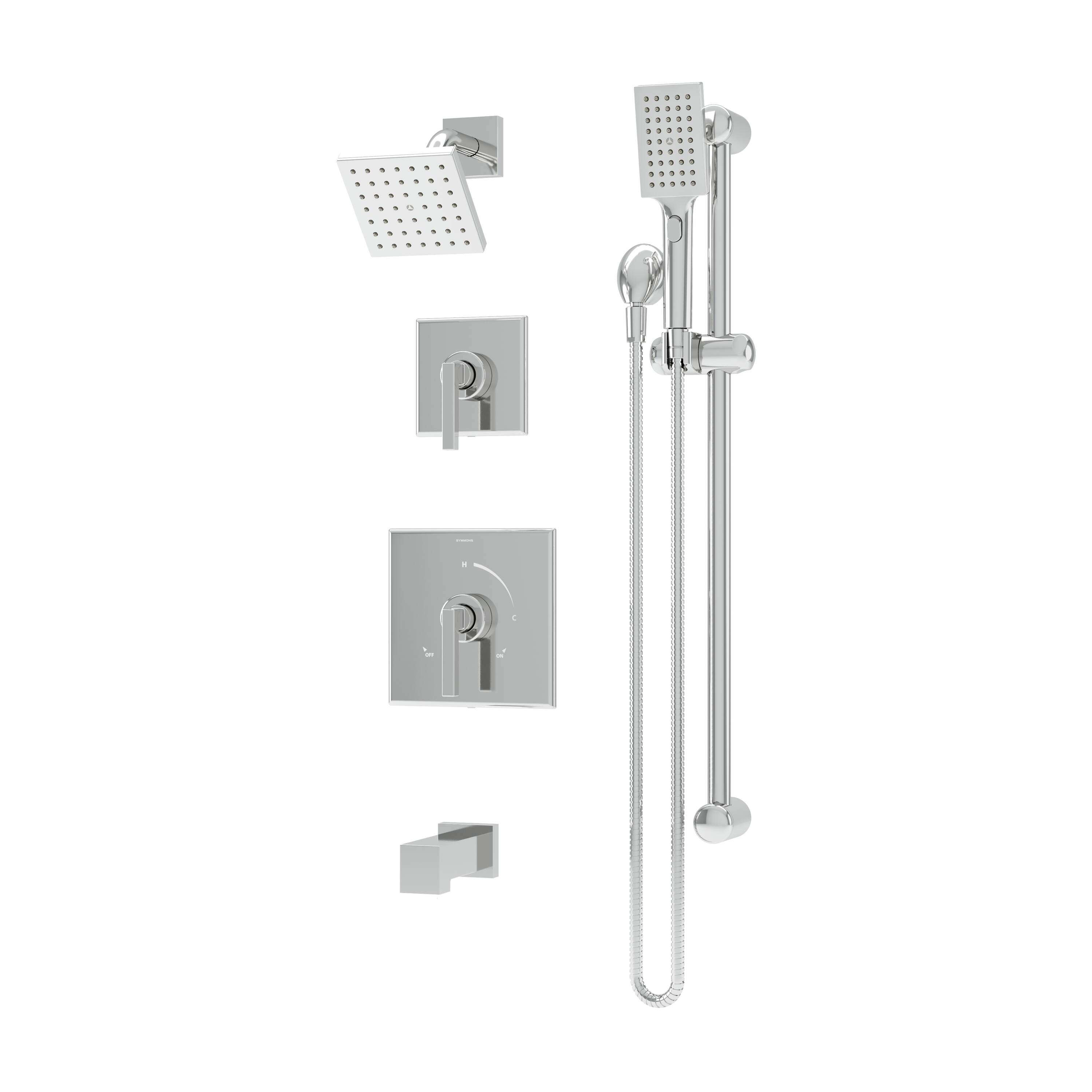 Mezcladora para bañera y regadera de 2 manijas y cabezal múltiple de 4.92 pulgadas cuadradas, acabado cromado pulido Duro Symmons 369615TRM