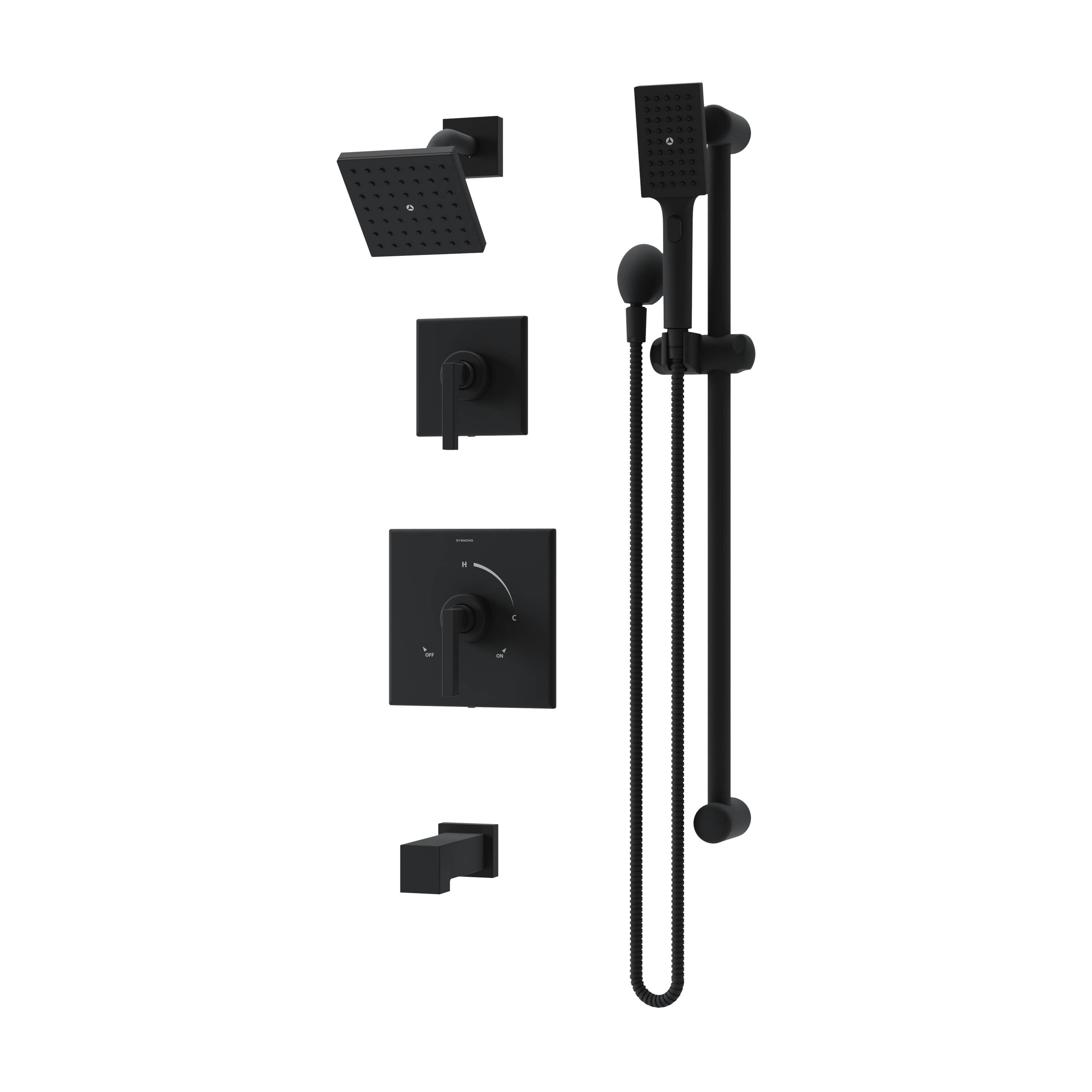 Grifo de bañera y ducha cuadrado de 4.92 pulgadas con múltiples cabezas, de dos manijas en negro mate Duro Symmons 3696MB15TRM