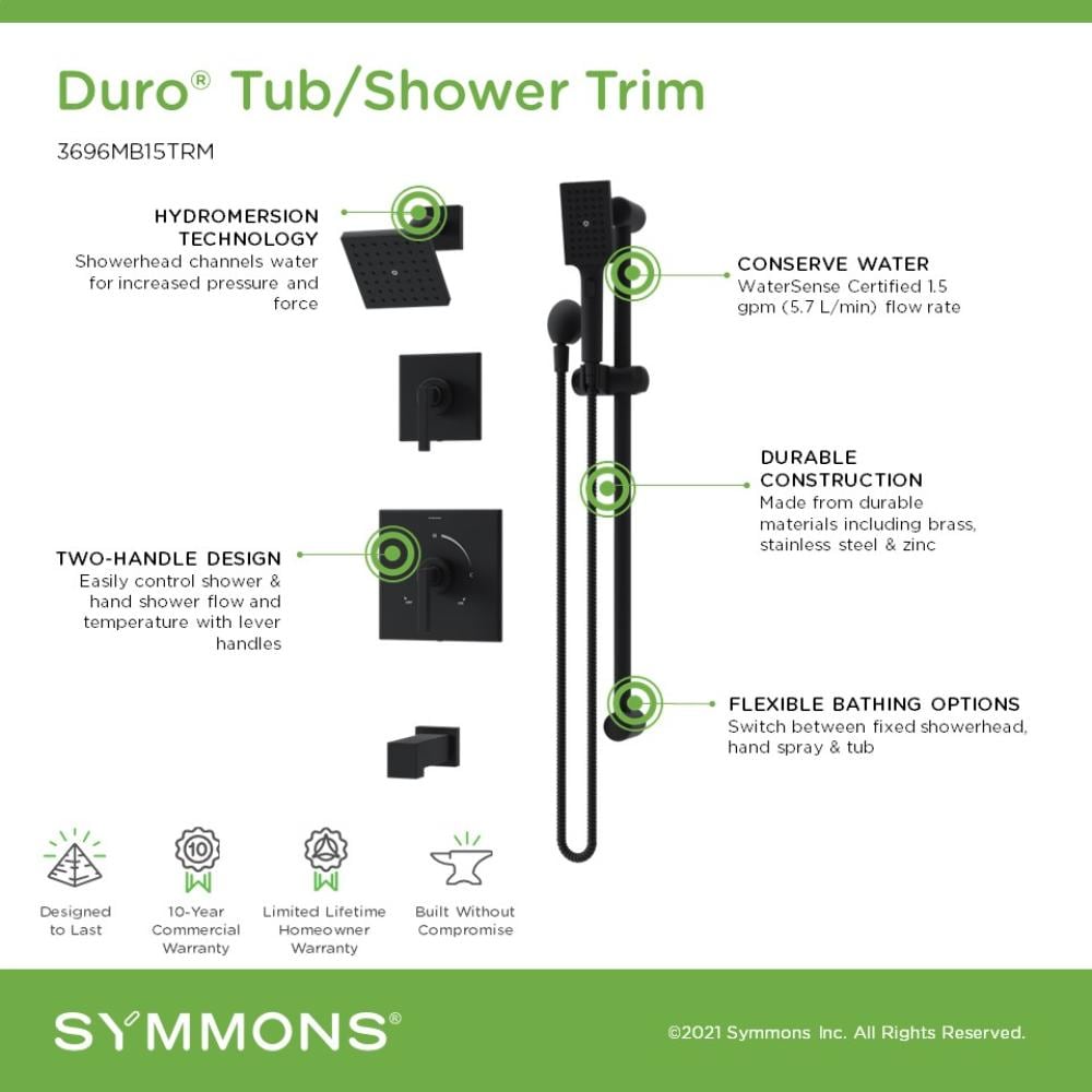 Grifo de bañera y ducha cuadrado de 4.92 pulgadas con múltiples cabezas, de dos manijas en negro mate Duro Symmons 3696MB15TRM