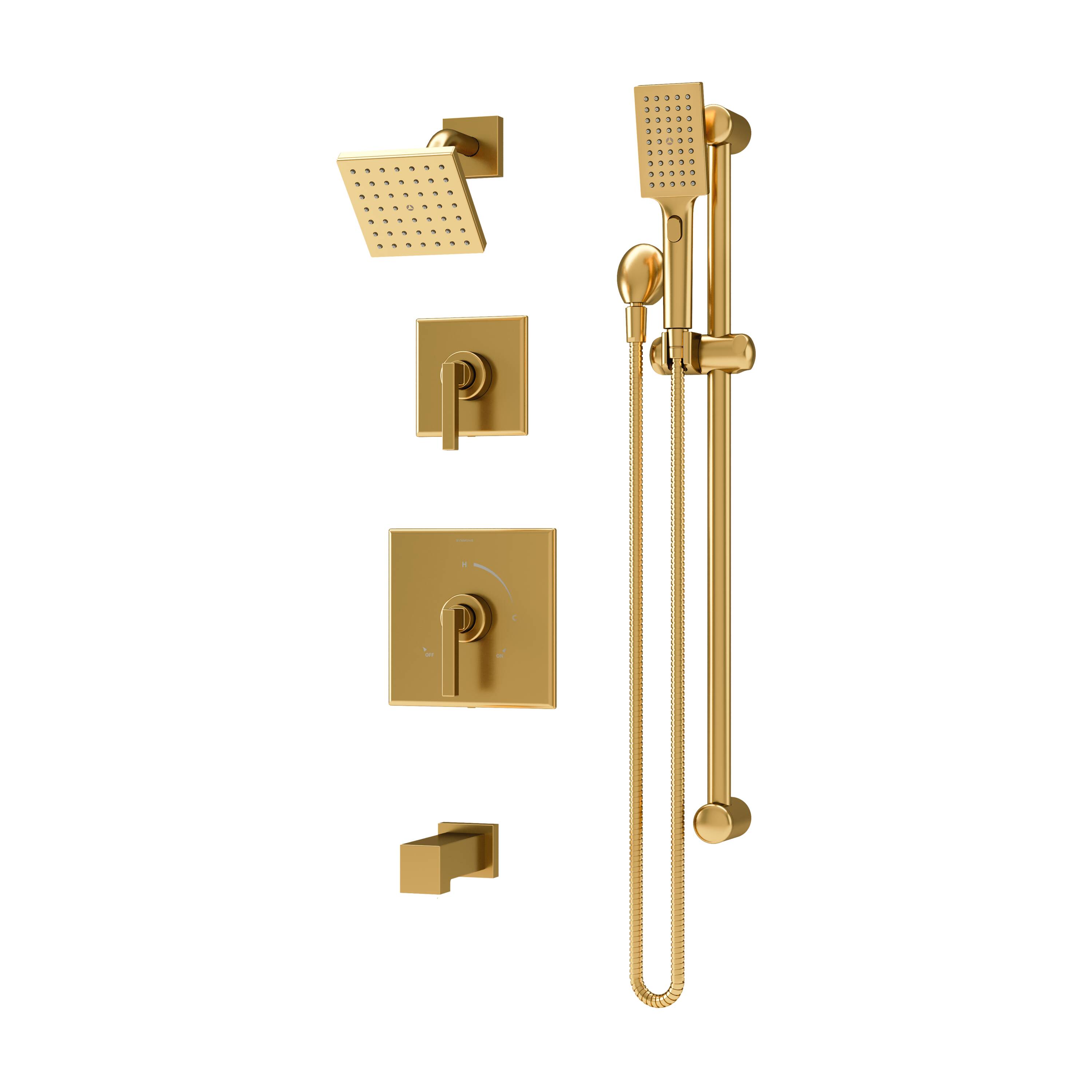 Grifo de bañera y ducha cuadrado de 4.92 pulgadas con múltiples cabezales de bronce cepillado de dos manijas Symmons Duro 3696BBZ15TRM