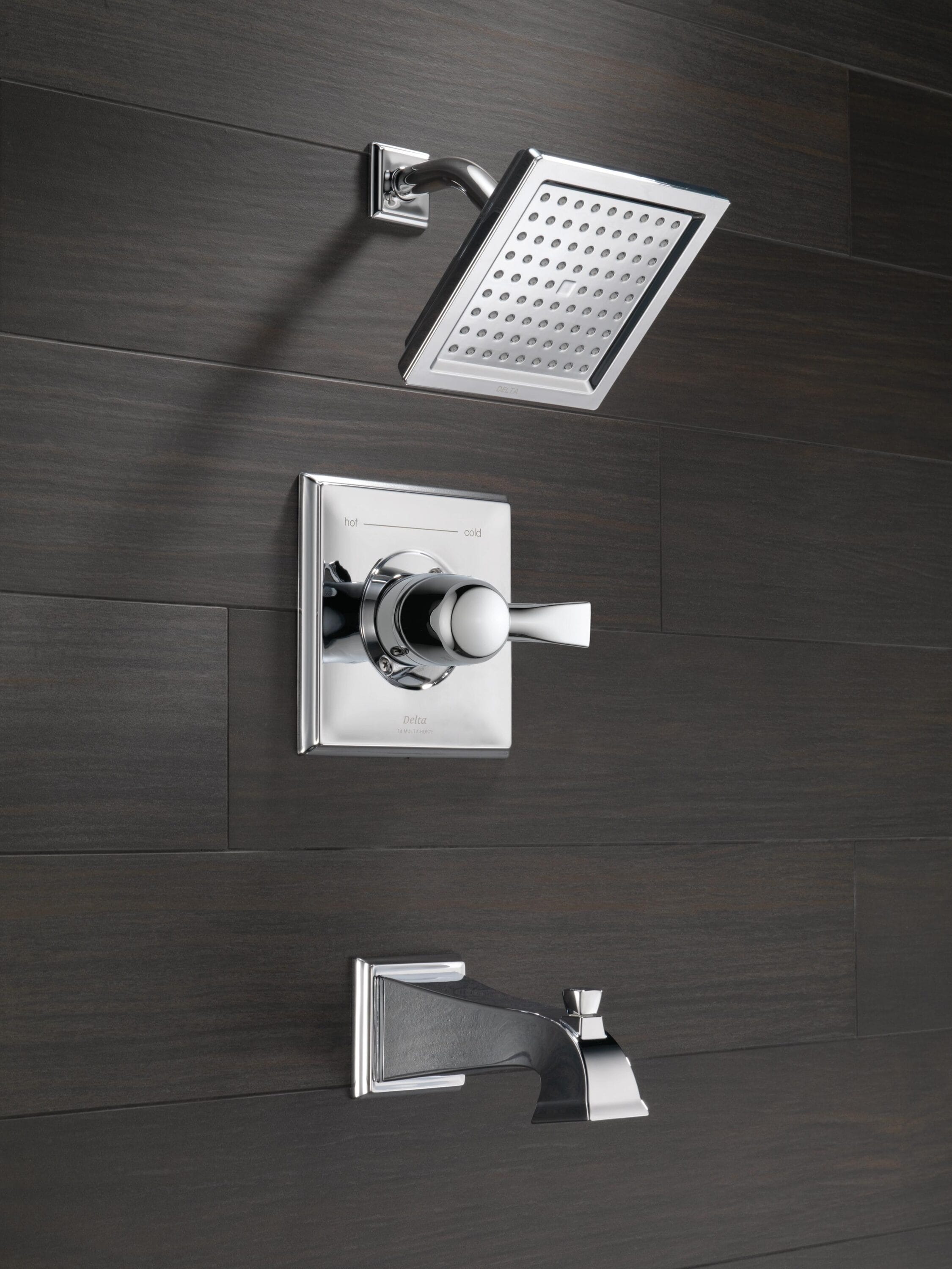 Grifo para bañera y ducha de función única con 1 manija cromada Delta Dryden de 6.5625 pulgadas.