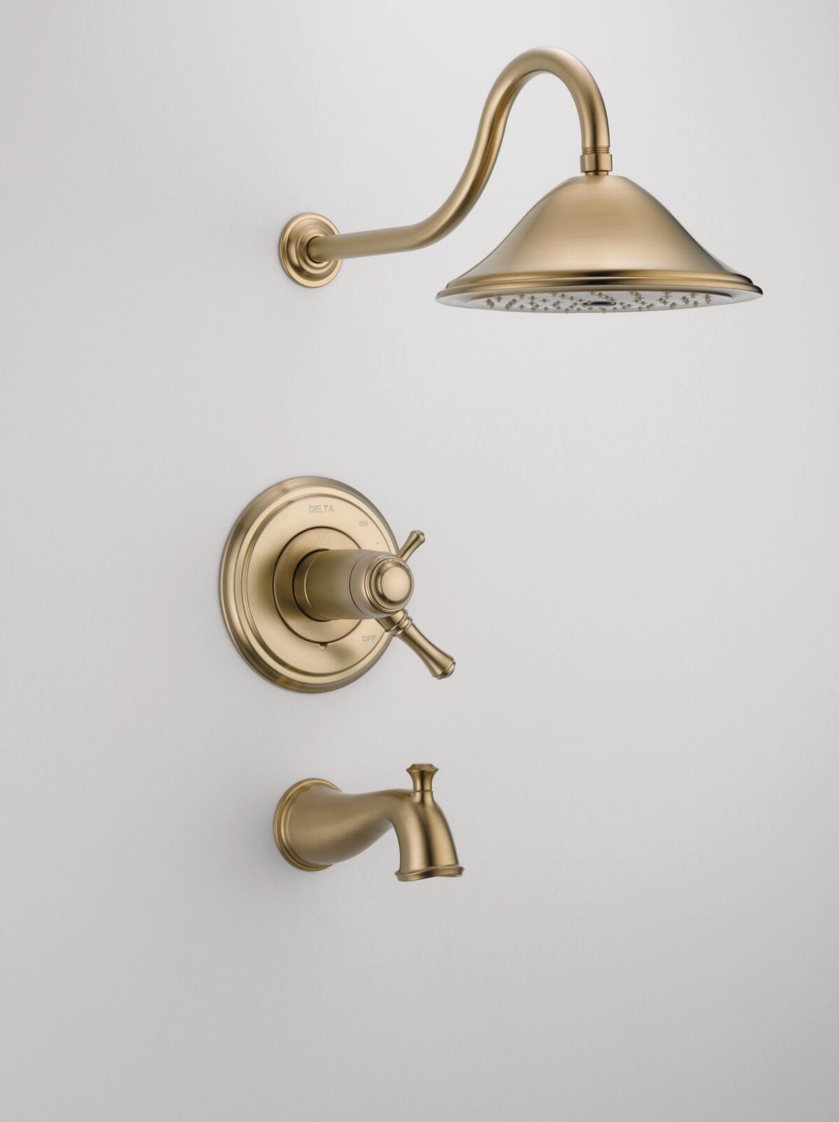 Grifo termostático de bañera y ducha redonda de 9.375 pulgadas, con 2 manijas en bronce dorado champán Cassidy de Delta