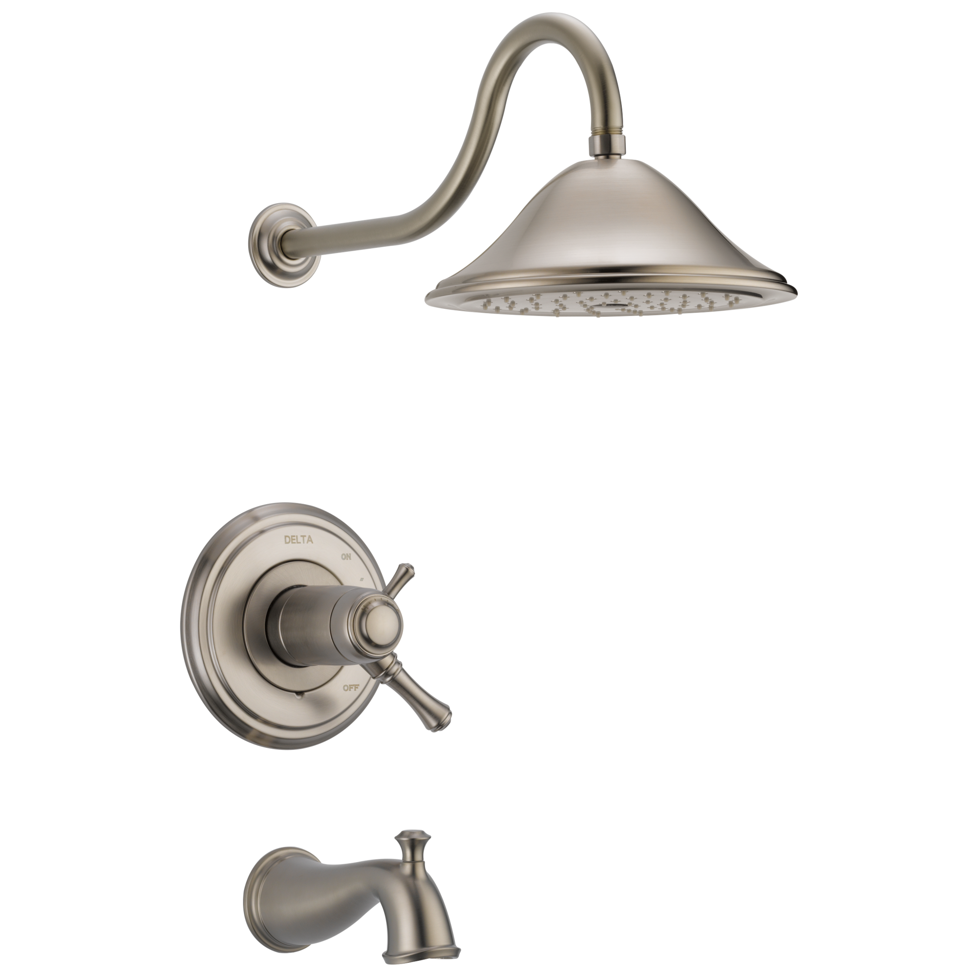 Grifo para bañera y ducha redondo de acero inoxidable con control termostático de 2 manijas y función individual, modelo Cassidy de Delta