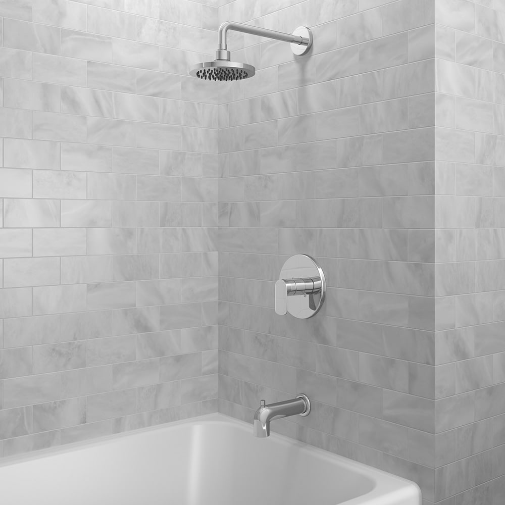 Grifo para bañera y ducha redondo de una sola función con mango cromado allen + roth Kameron de 1 manija y 6.291 pulgadas con válvula F121E412CP.