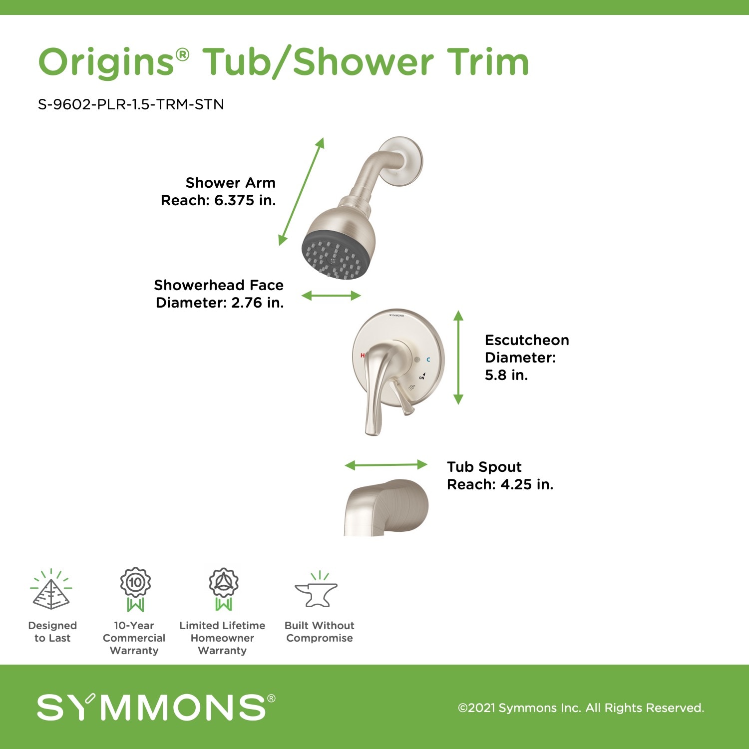 Grifo monomando para bañera y regadera redondo de 2.76 pulgadas con función única en níquel satinado de la línea Origins de Symmons