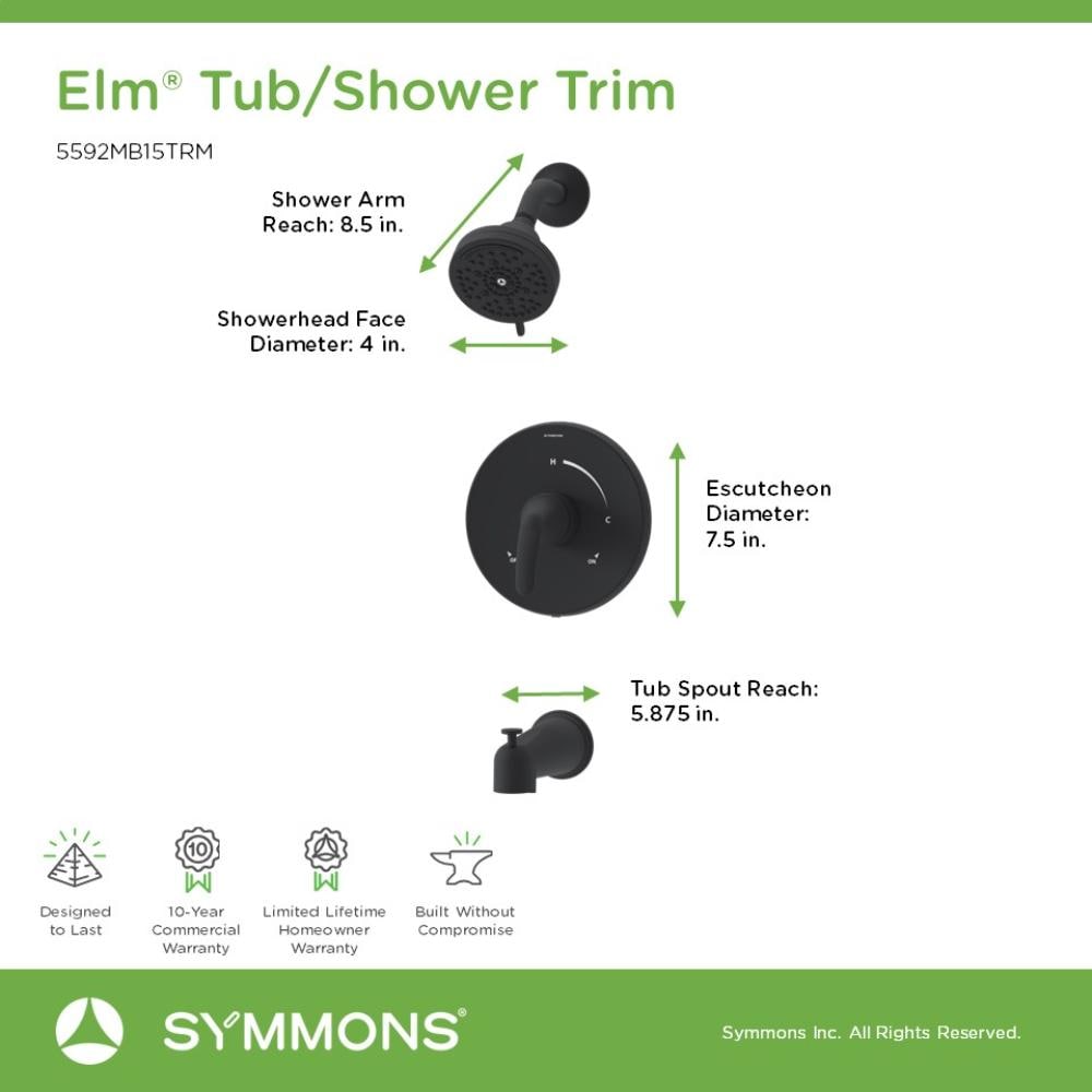 Grifo de bañera y ducha redondo de 3.94 pulgadas con un solo mango y múltiples funciones en negro mate de Elm de Symmons