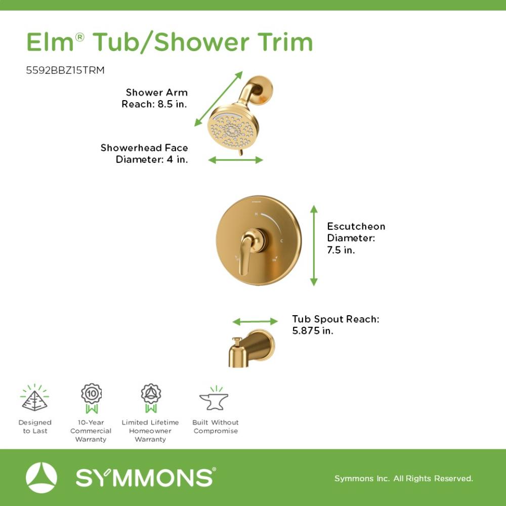 Grifo para bañera y ducha redondo de 3.94 pulgadas de bronce cepillado de una manija y función múltiple Elm de Symmons 5592BBZ15TRM