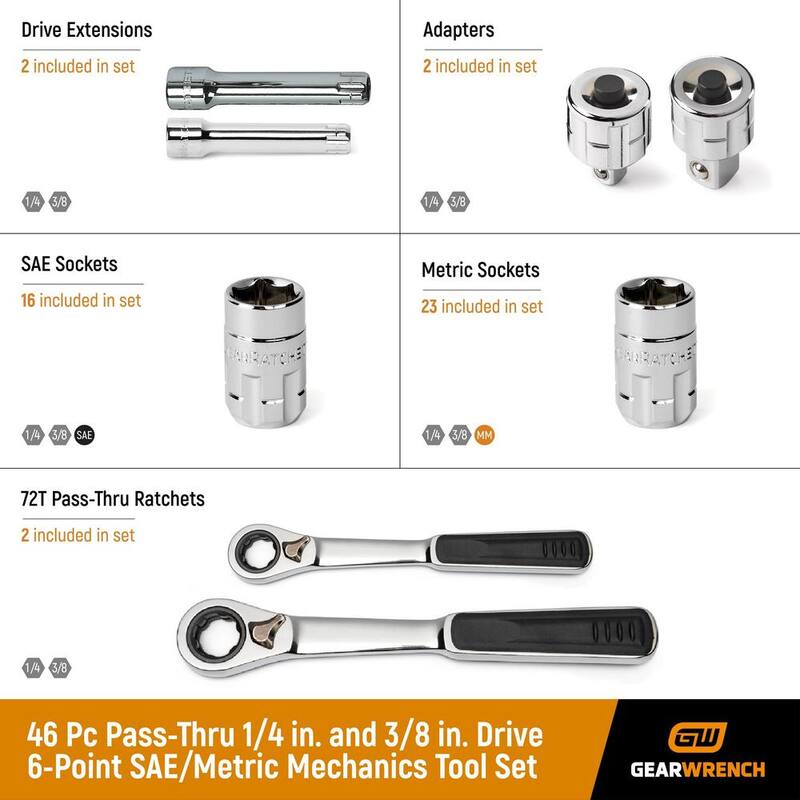Juego de herramientas mecánicas GEARWRENCH Pass-Thru de 1/4 y 3/8 de pulgadas de unidad de 6 puntos SAE/Métrico (46 piezas) - 8946