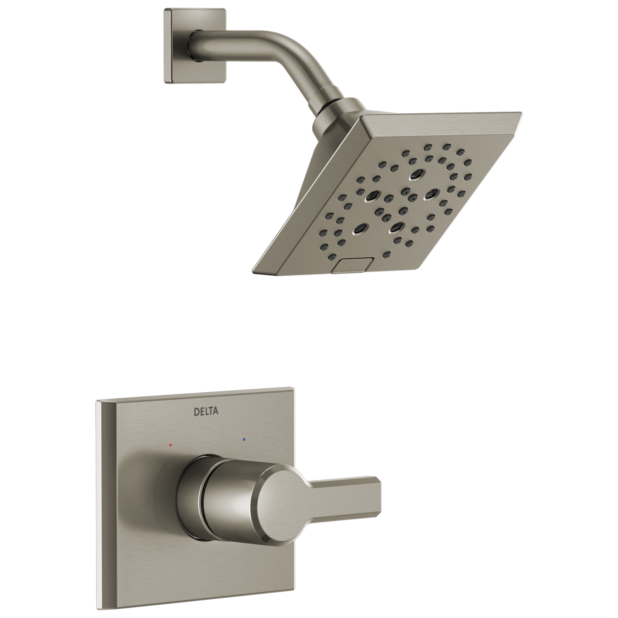 Grifo de ducha cuadrado de acero inoxidable de 5.75 pulgadas con un solo mango y múltiples funciones Delta Pivotal Lumicoat T14299-SS-PR