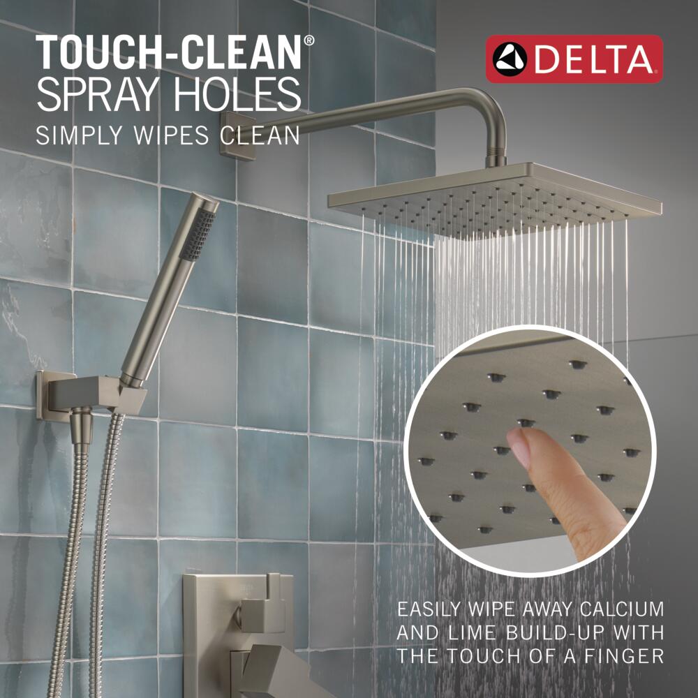 Regadera cuadrada de 10 pulgadas con grifo de acero inoxidable SpotShield moderno de Delta de 2 manijas y función individual 342701-SP