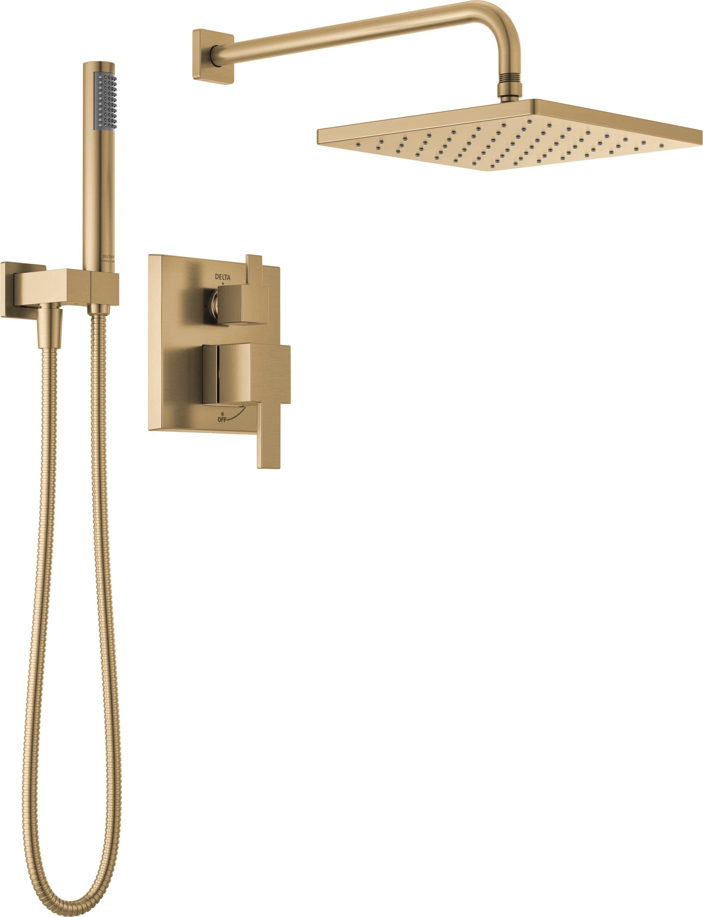 Mezcladora de ducha cuadrada de 10 pulgadas, color bronce champagne, de dos manijas y función única Delta Modern con válvula 342701-CZ.