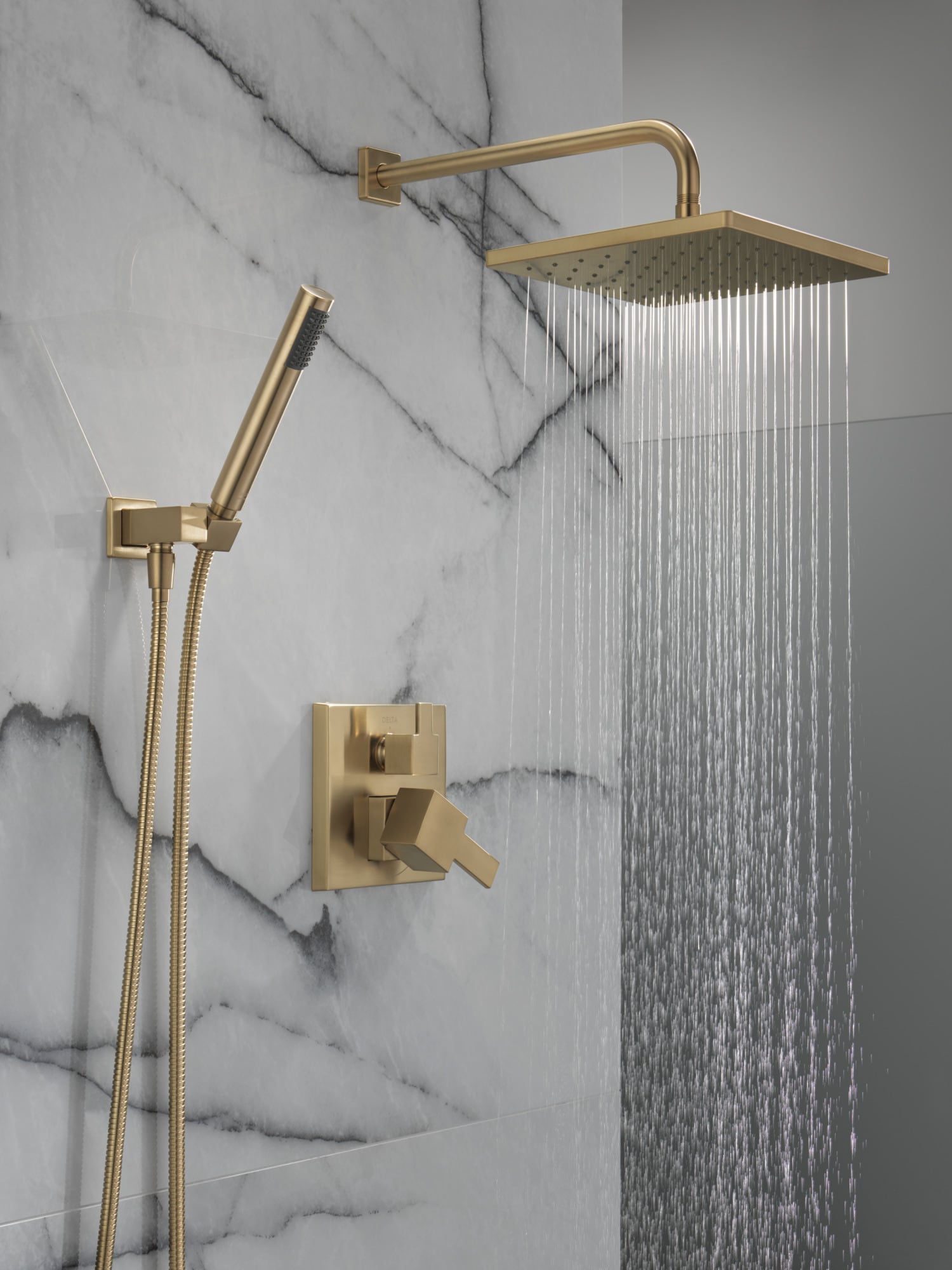 Mezcladora de ducha cuadrada de 10 pulgadas, color bronce champagne, de dos manijas y función única Delta Modern con válvula 342701-CZ.