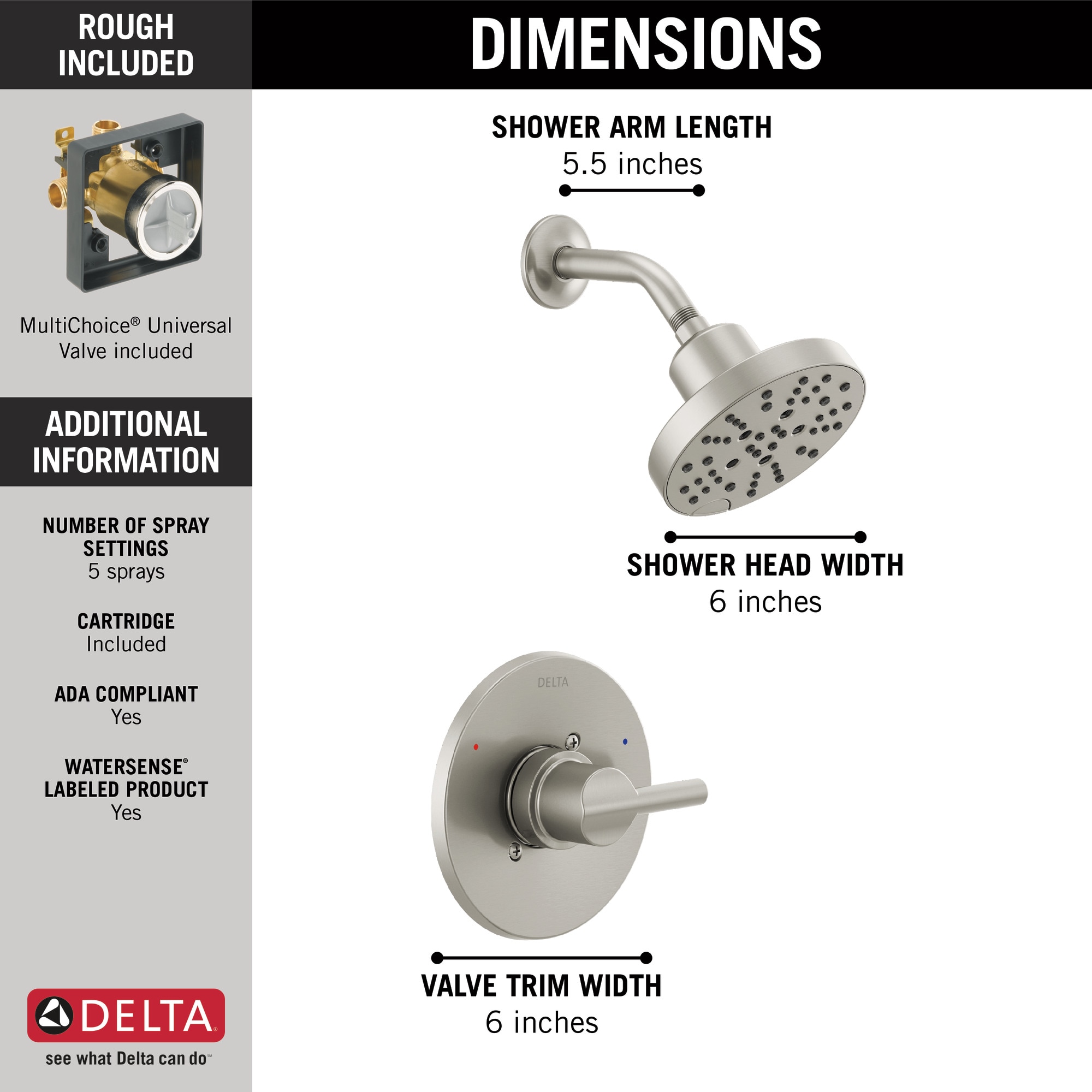 Grifo de ducha redondo de acero inoxidable con 1 manija y funciones múltiples de Delta Nicoli con válvula 142749-SS