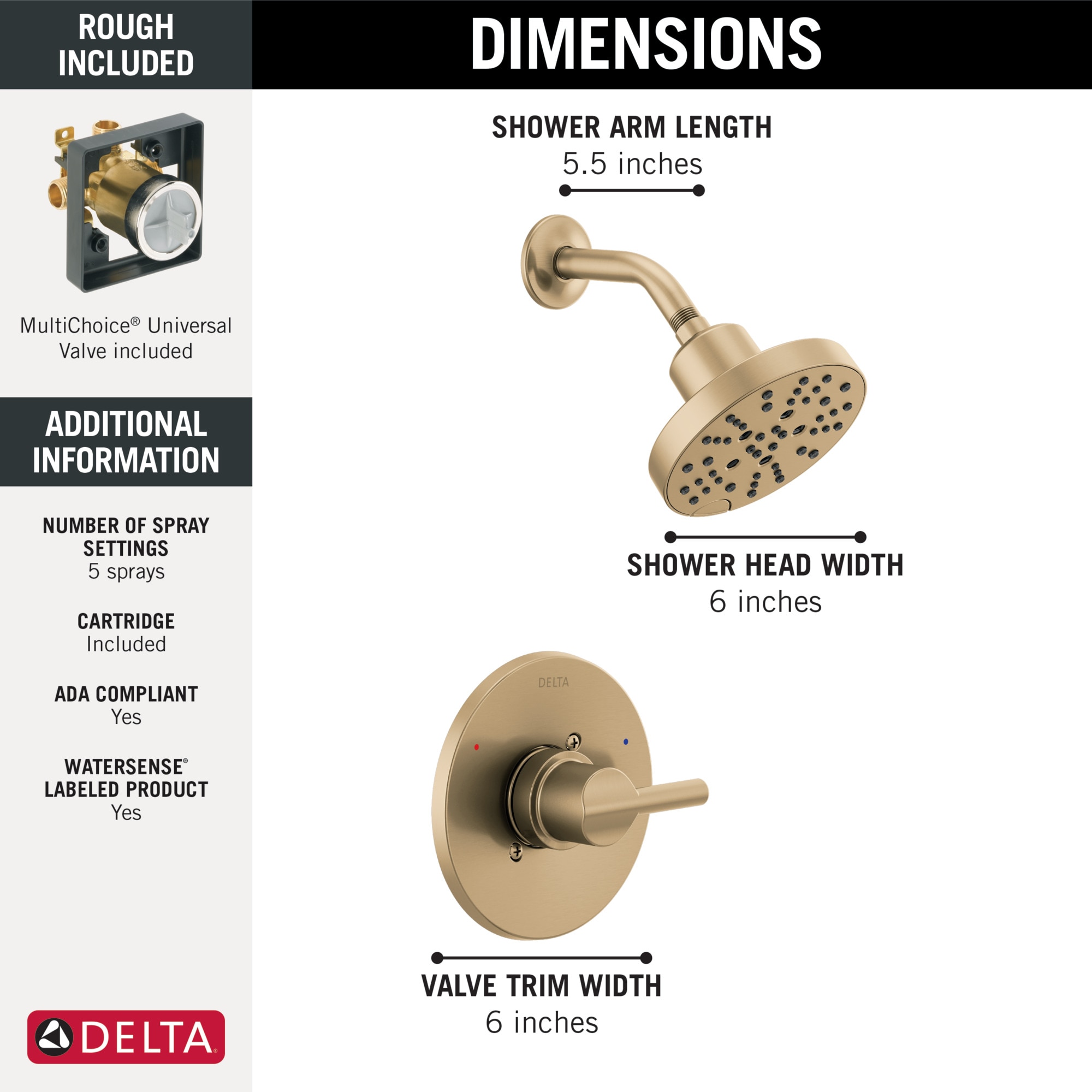 Llave de regadera redonda de 6 pulgadas con acabado en Champagne Bronze de 1 manija y funciones múltiples Delta Nicoli con válvula 142749-CZ
