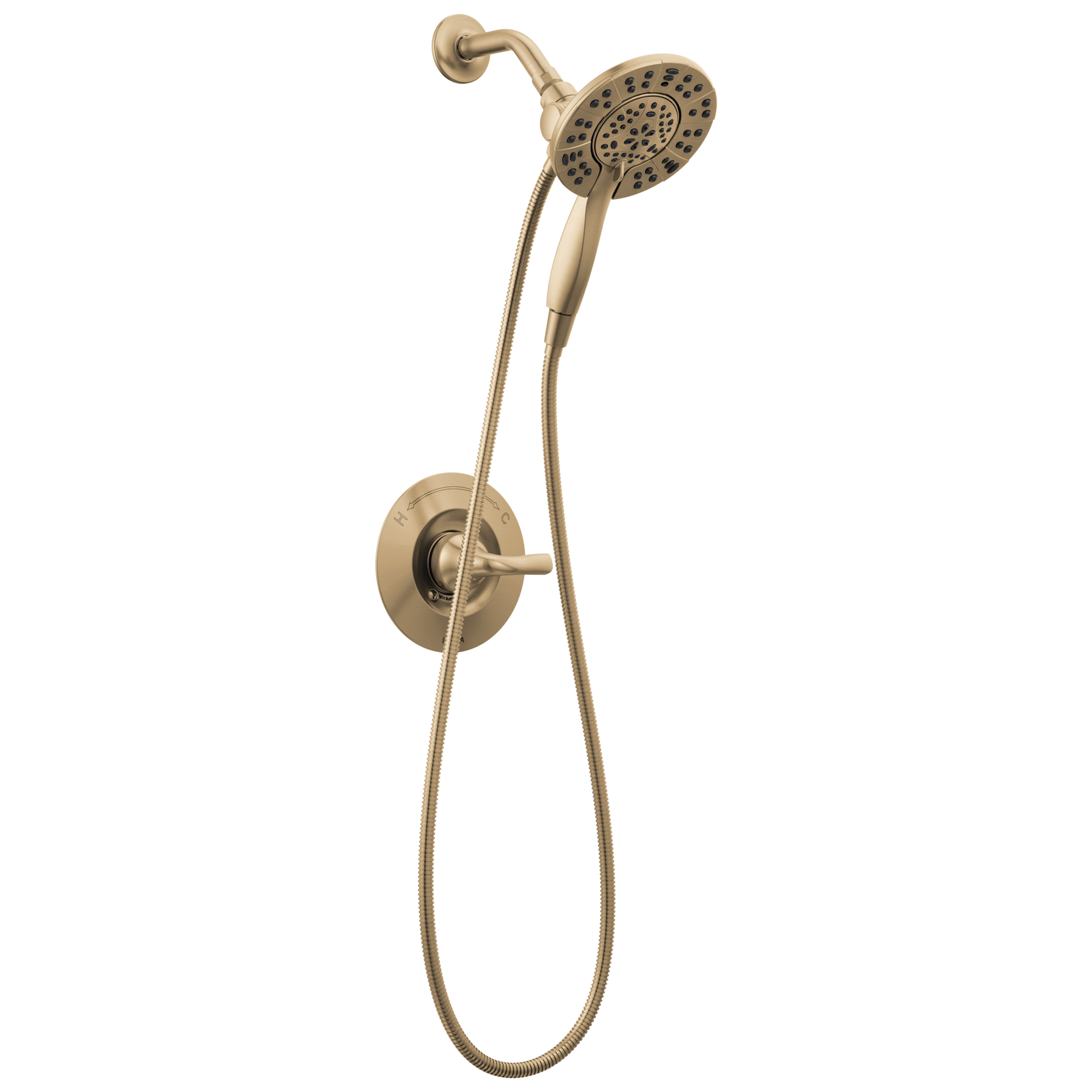 Grifo de ducha redondo de 6 pulgadas, multifunción de 1 manija en bronce champan Delta Arvo con válvula 142840-CZ-I.