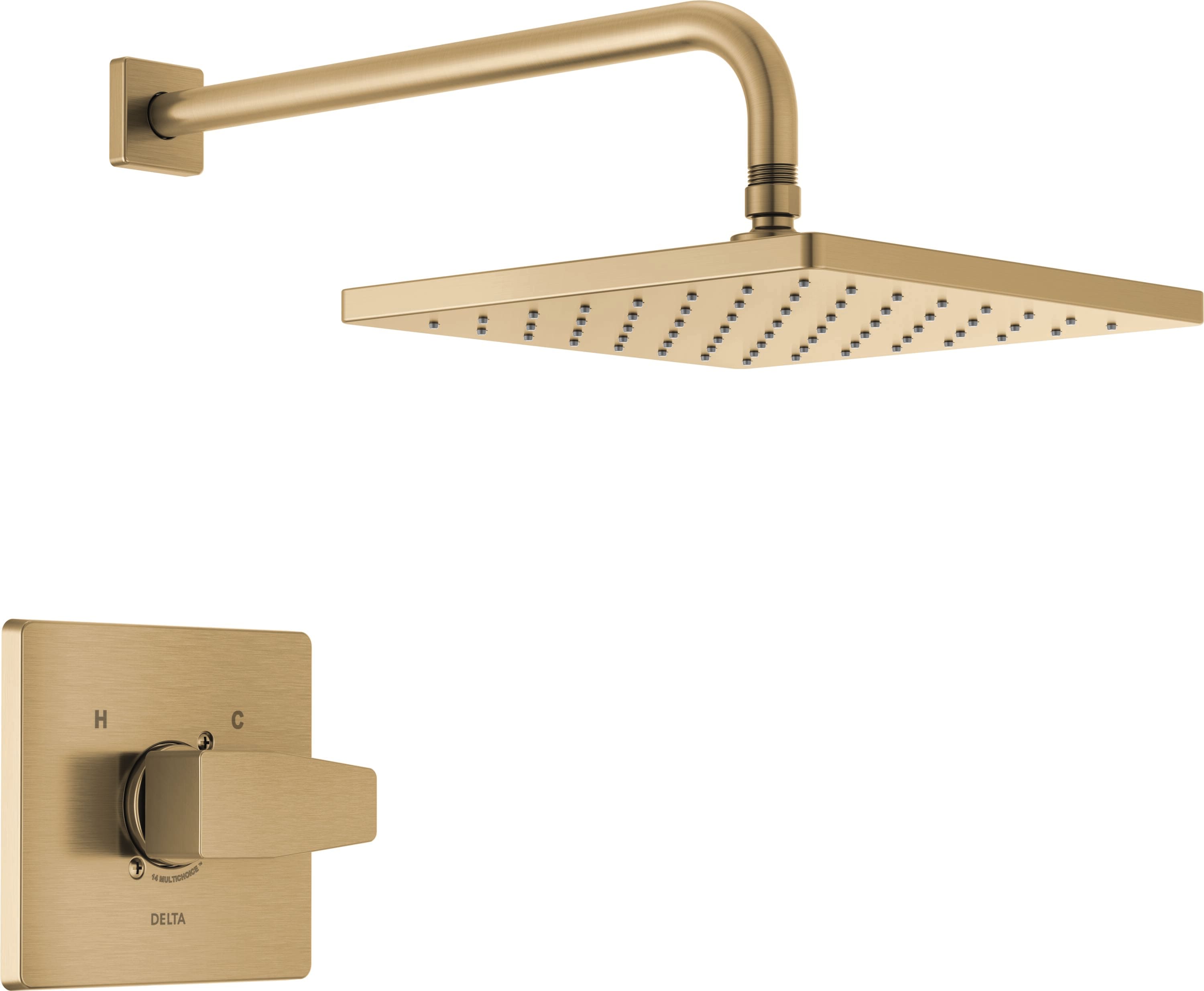 Grifo de regadera cuadrado de 10 pulgadas con un solo mango y función única de color bronce champagne moderno Delta